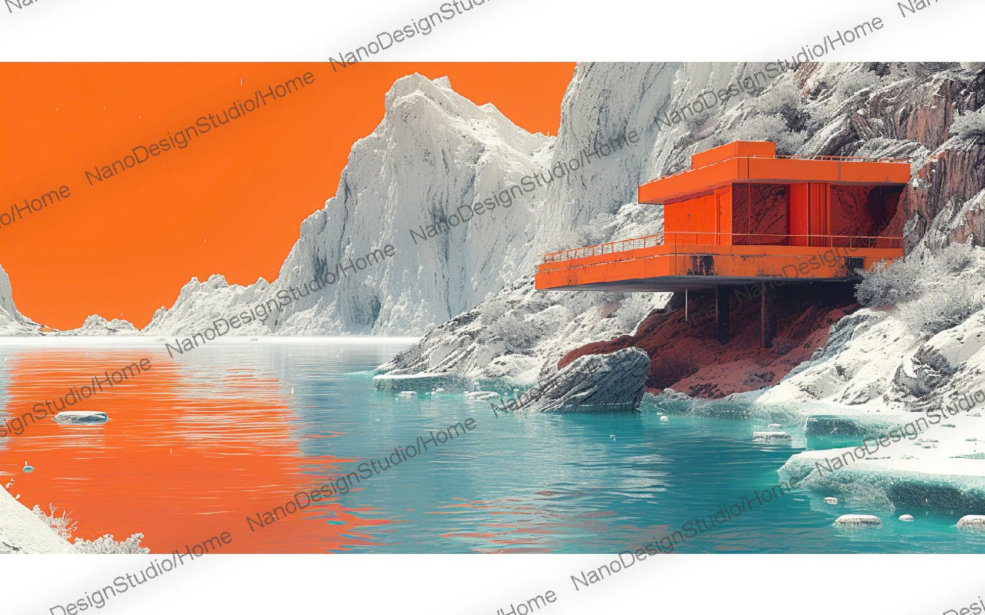 Une maison futuriste orange au bord d'un lac glacé encadré par des falaises imposantes et des rochers blancs.