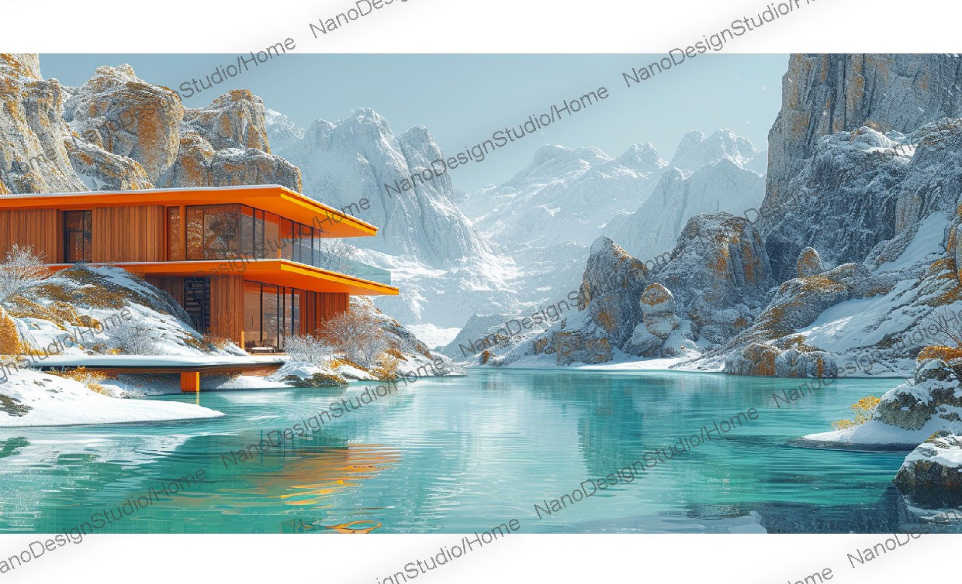 Petite maison moderne orange sur les rives d'un lac émeraude avec en toile de fond des montagnes enneigées.