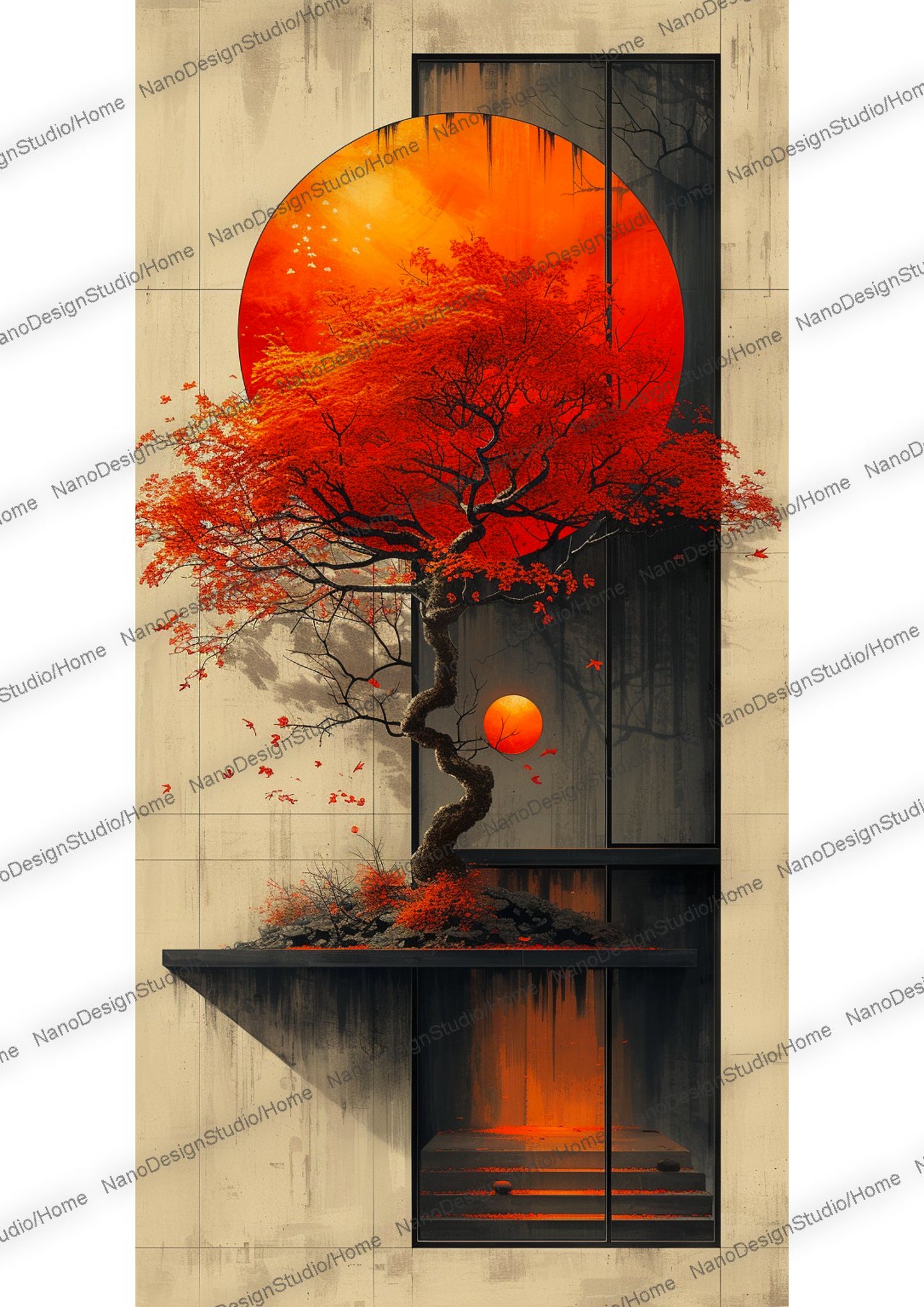 Peinture abstraite qui dépeint la façade d'un immeuble moderne orné d'un grand arbre arborant des feuilles rouges frappantes sur un balcon créant une oasis urbaine sereine.