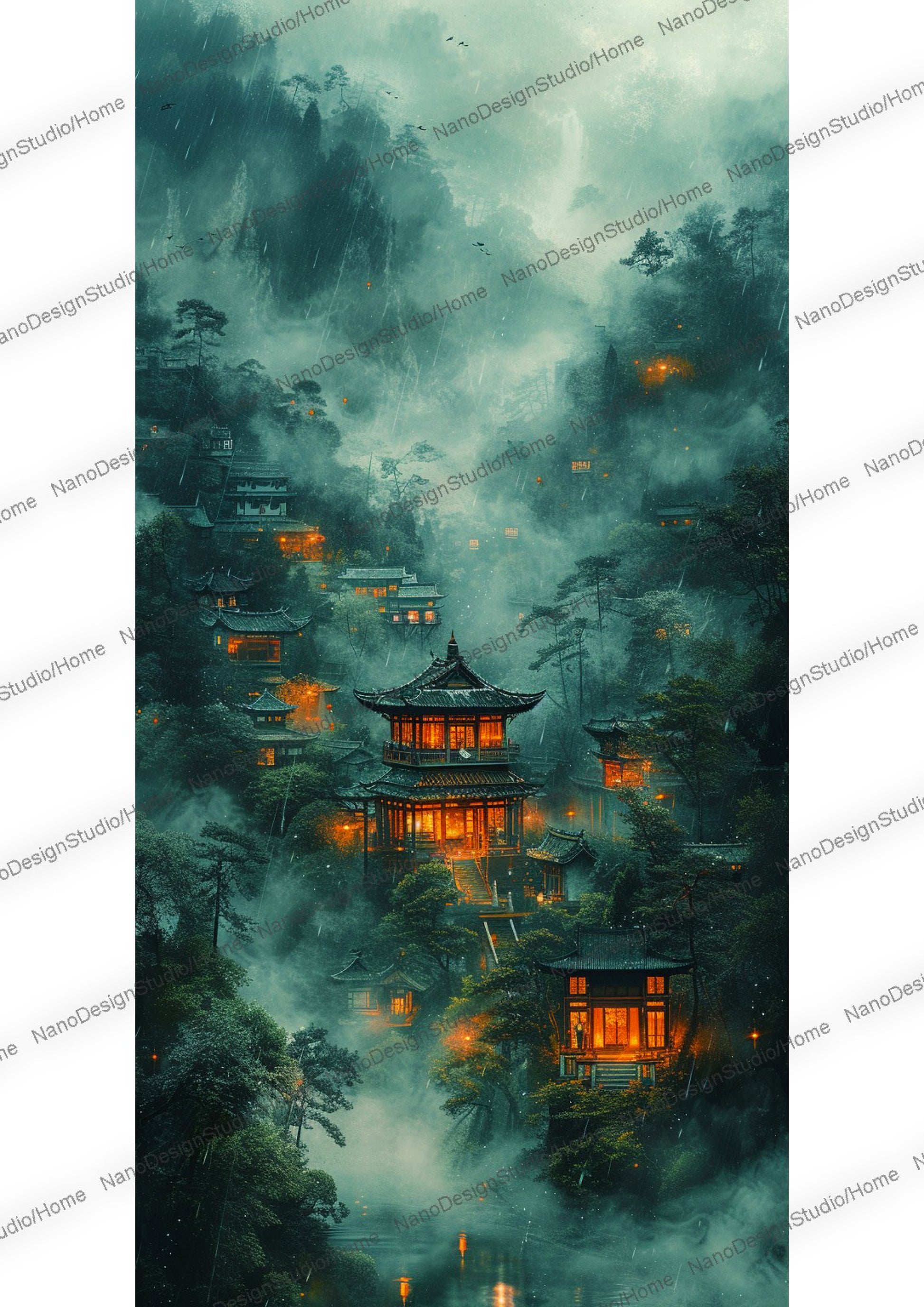 Village de style chinois au pied des montagnes enveloppé de brume et sous la pluie. Les maisons en bois sont éclairées de lumière orange donnant un coté chaleureux à la scène. On peut distinguer au fond de l'image en arrière plan une pagode au milieu de la végétation. 