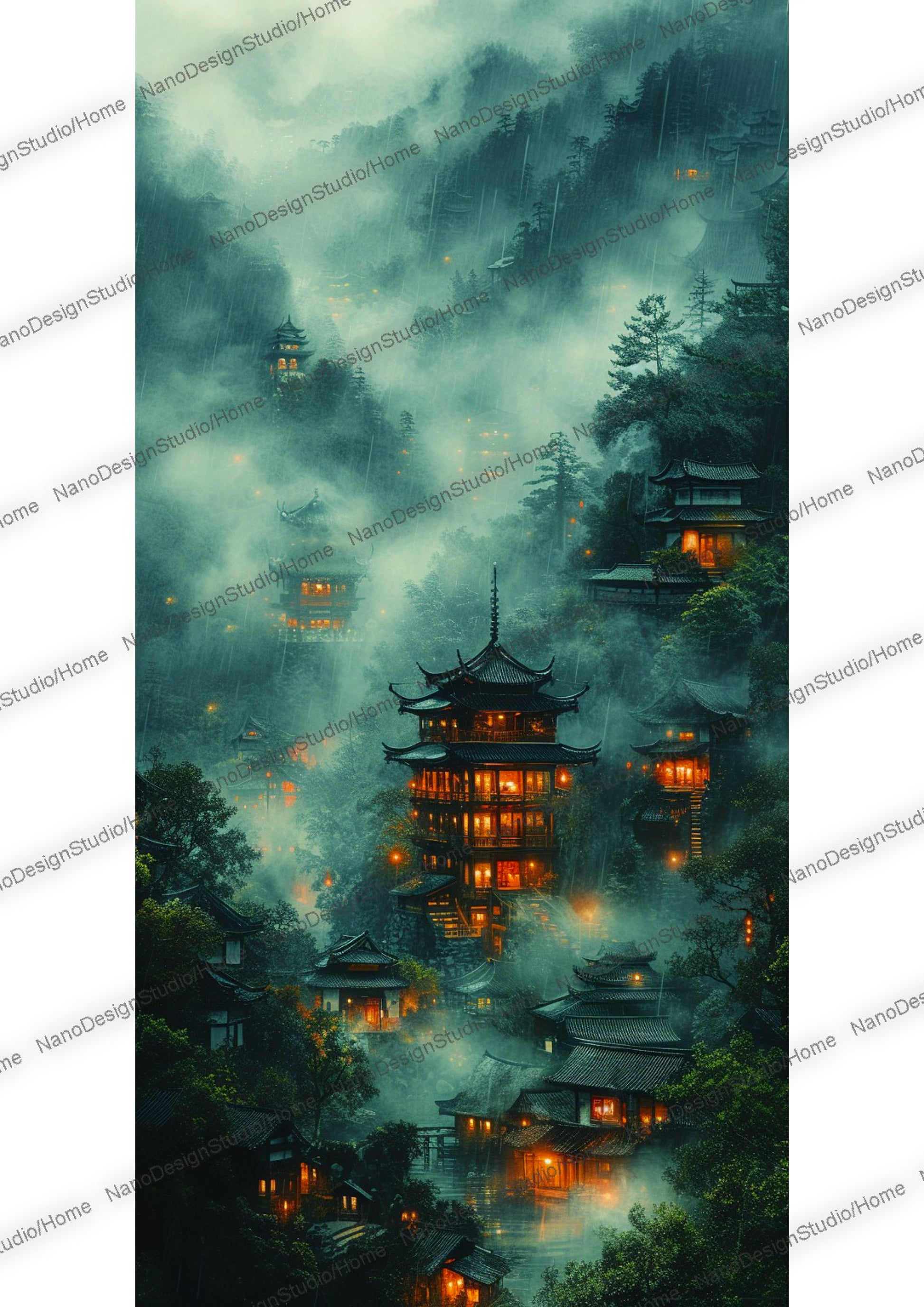 Village de style chinois au pied des montagnes enveloppé de brume et sous la pluie. Les maisons en bois sont éclairées de lumière orange donnant un coté chaleureux à la scène. On peut distinguer au fond de l'image en arrière plan une pagode au milieu de la végétation. 