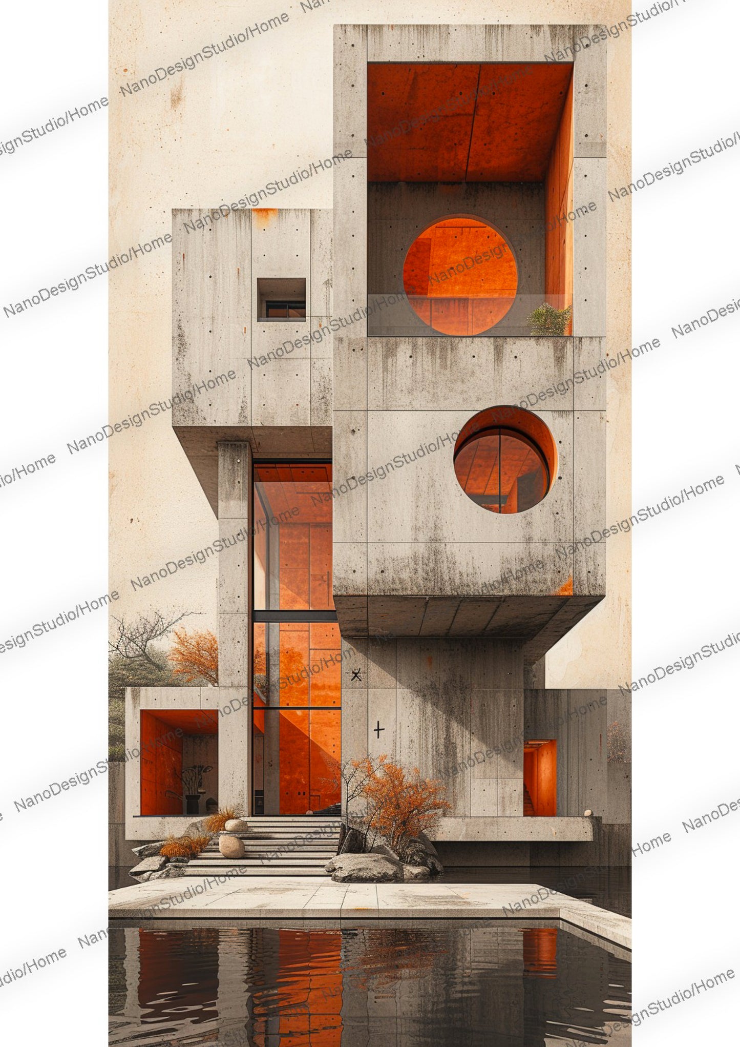 Architecture néo moderne en béton beige avec des murs intérieurs orange. Le bâtiment au dessus d'une surface d'eau est composé de fenêtres rondes et rectangulaires.