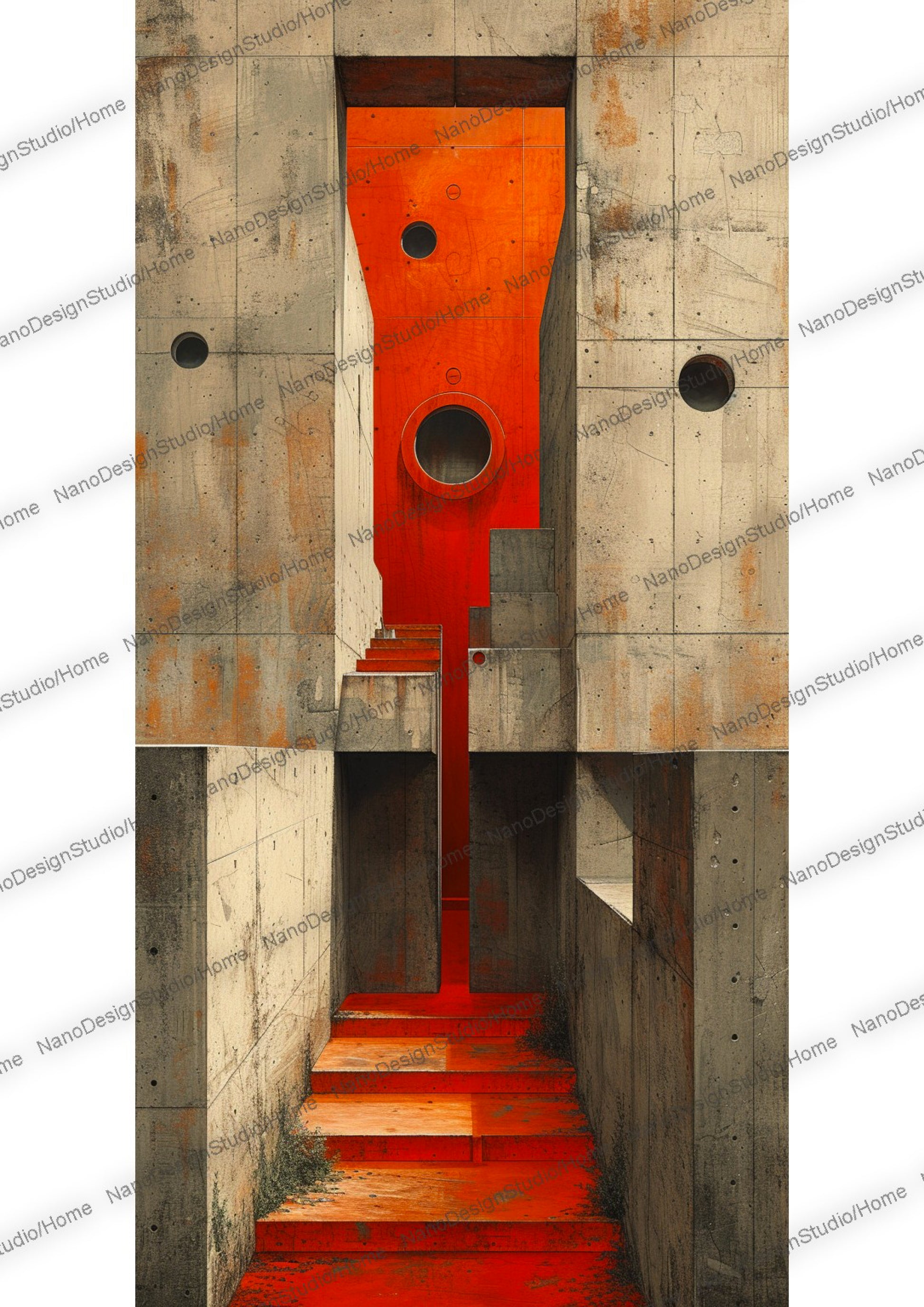 Rendu minimaliste et réaliste d'une façade de bâtiment beige constituée de formes cubiques en béton. Des fenêtres de forme ronde se situent en arrière plan faisant ressortir la façade. Un tapis rouge/orange en forme d'escalier mène droit a l'entrée du bâtiment.