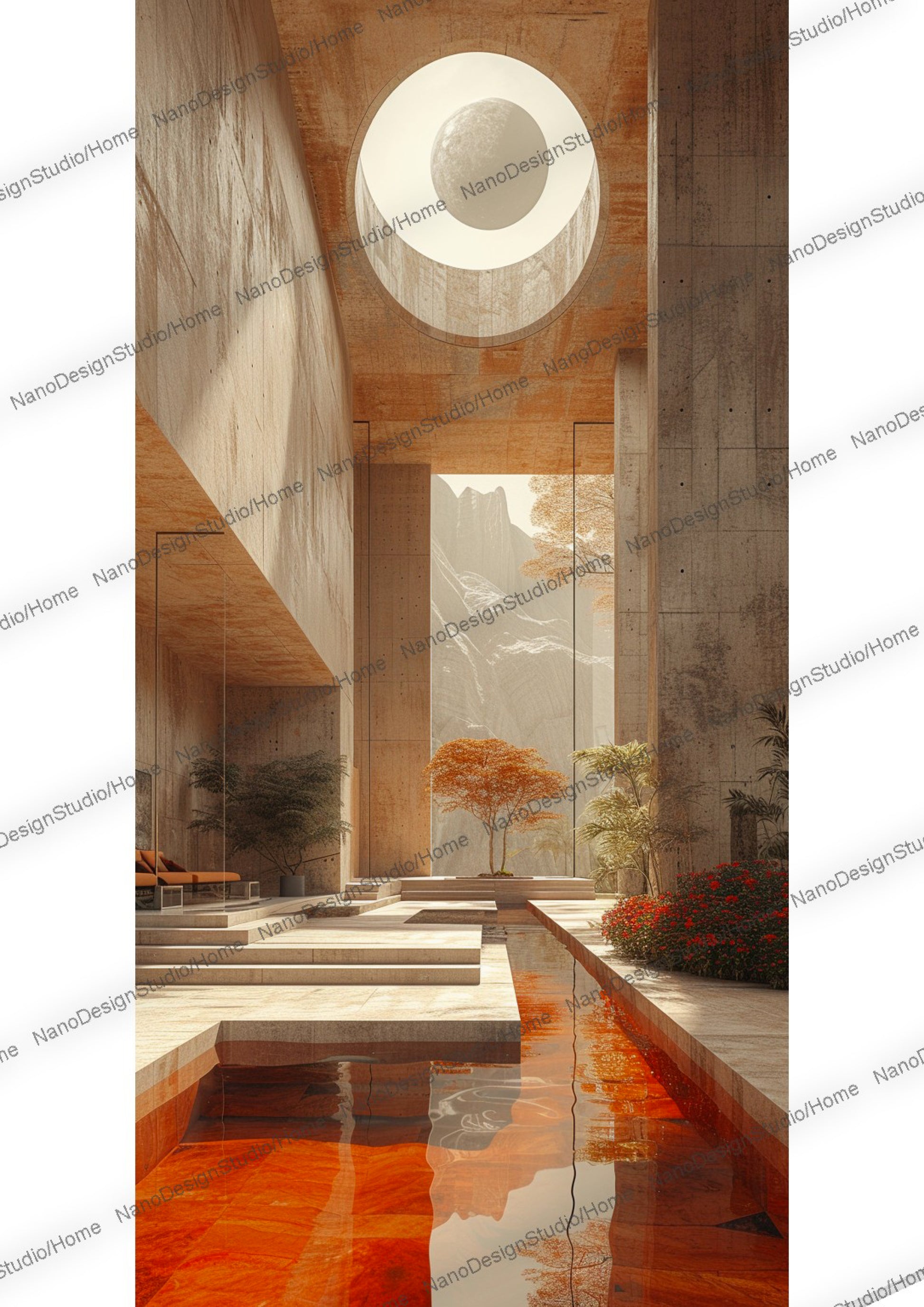 Rendu de type architectural d'un intérieur spatial en béton beige avec une grande fenêtre ronde ainsi qu'une piscine intérieure orange et quelques plantes vertes.