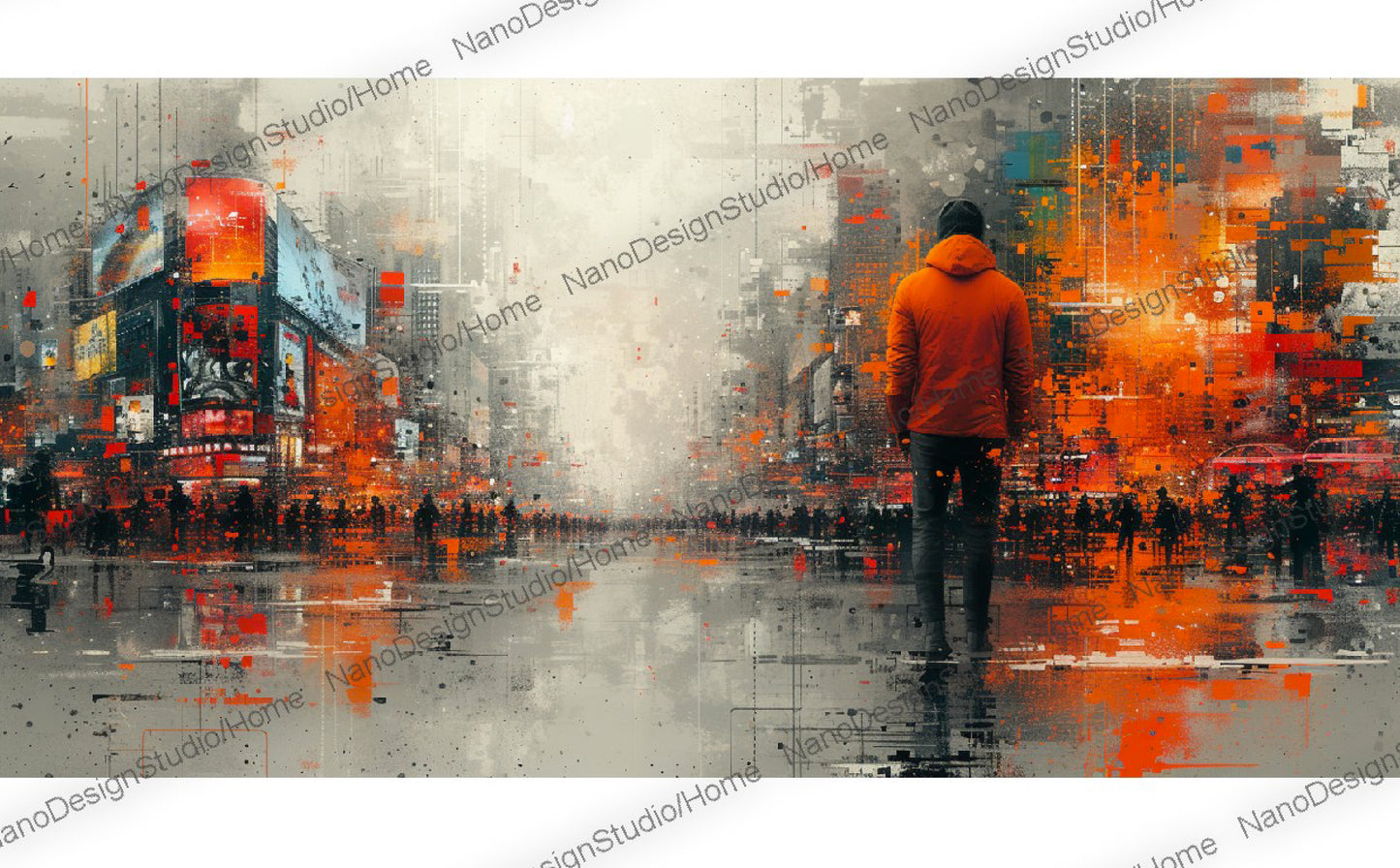 Un homme portant un sweat à capuche orange se tient dans la rue regardant les bâtiments et les panneaux publicitaires. L'eau de pluie crée des reflets de lumière sur le sol. L'illustration décrit le concept de la solitude dans la vie urbaine surconnectée.