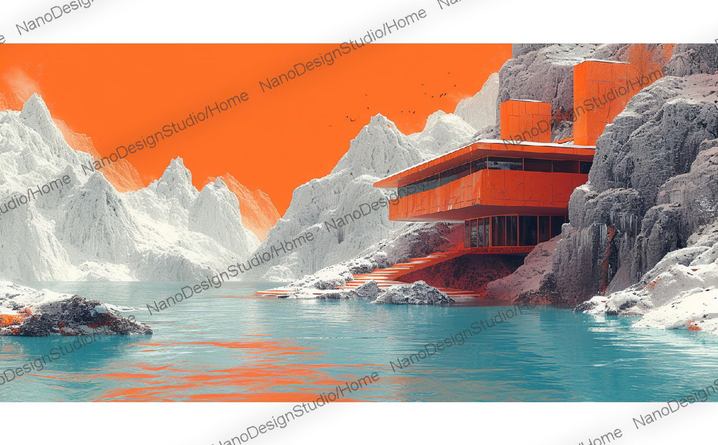 Une maison futuriste orange au bord d'un lac glacé encadré par des falaises imposantes et des rochers blancs.