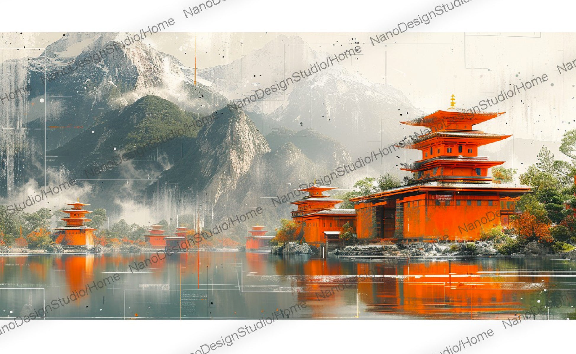 Ensemble de bâtiments à l'architecture chinoise situés sur des eaux tranquilles ornées de bâtiments orange vif avec en arrière plan de majestueuses montagnes.