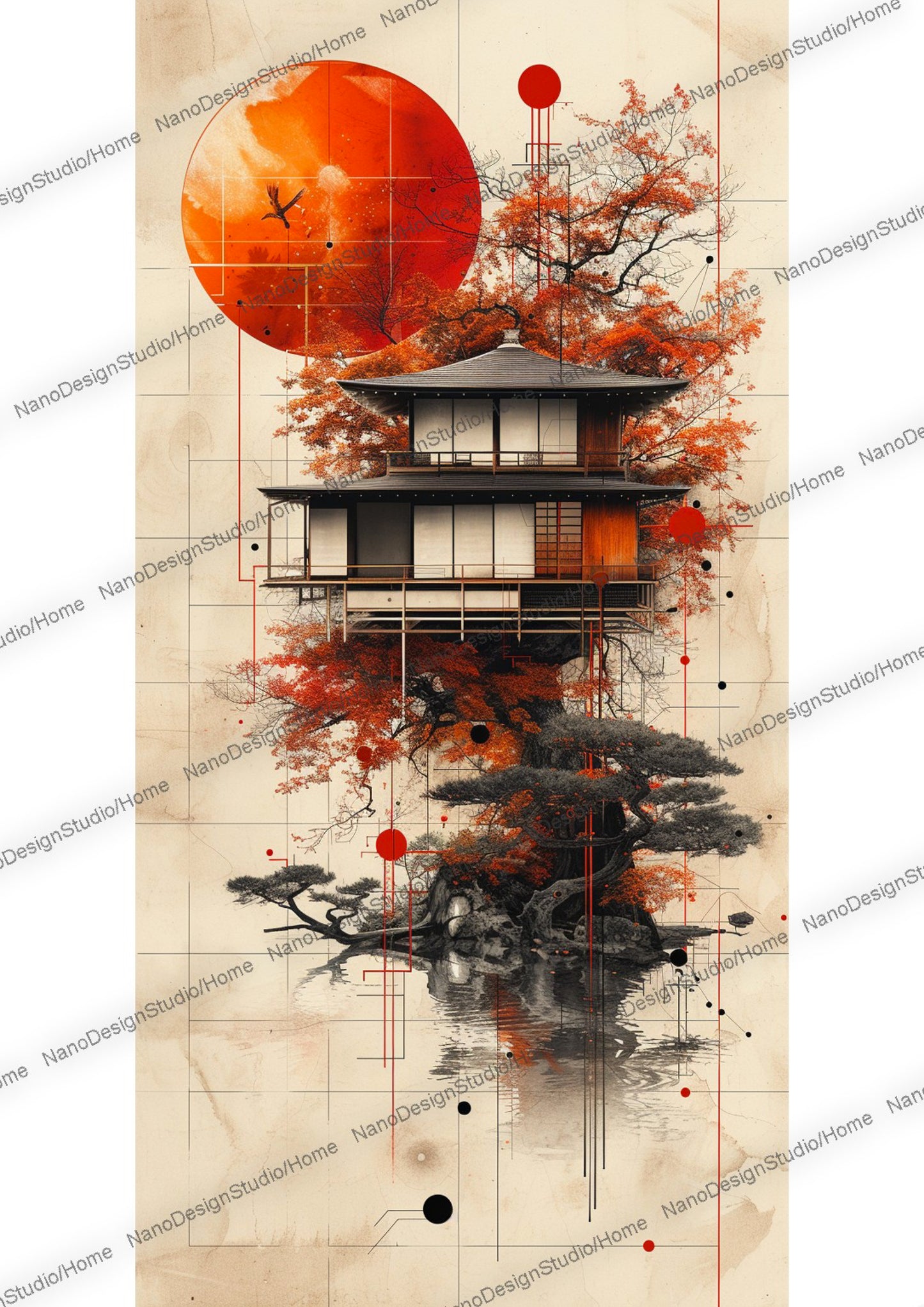 Maison japonaise sur un lac enveloppée d'une ambiance éthérée avec en fond une lune rouge et des arbres aux feuilles oranges/rouges vibrants.