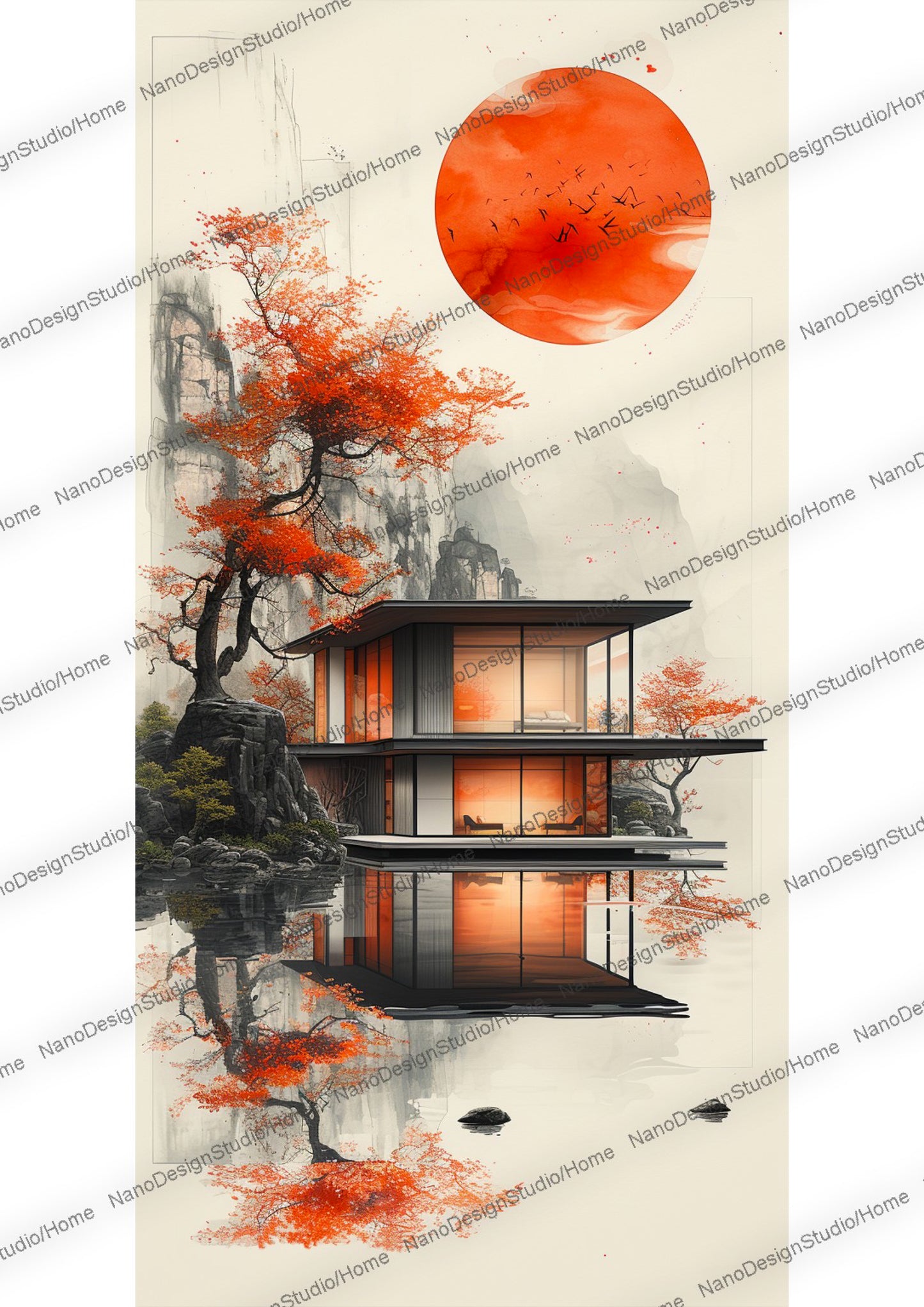 Maison de style japonaise et/ou d'un arbre paisiblement entouré d'eau, le beige et le orange domine la scène.