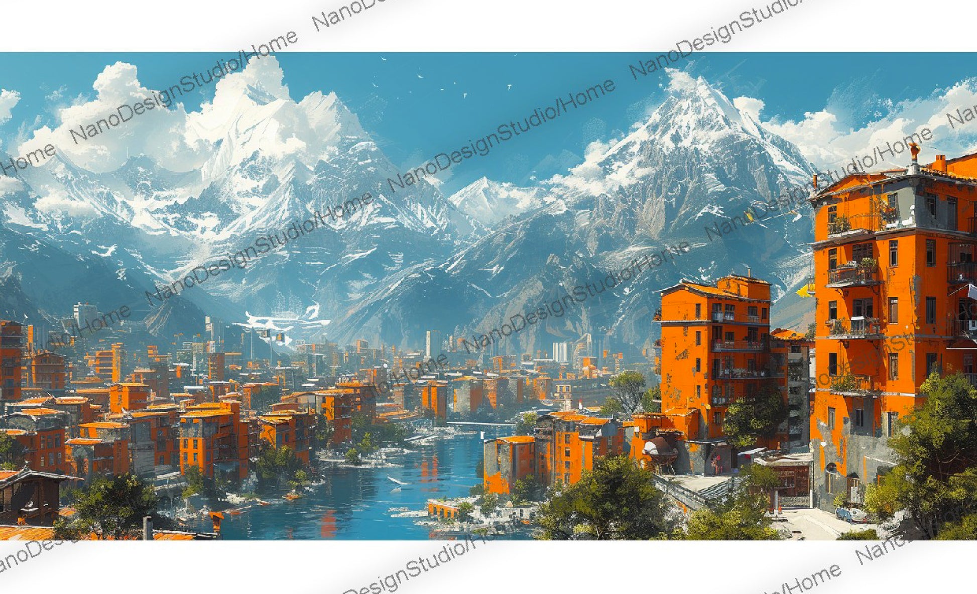 Nichée au coeur des montagnes imposantes, une petite ville émerge avec ses bâtiments oranges vif créant un contraste saisissant avec le paysage naturel.