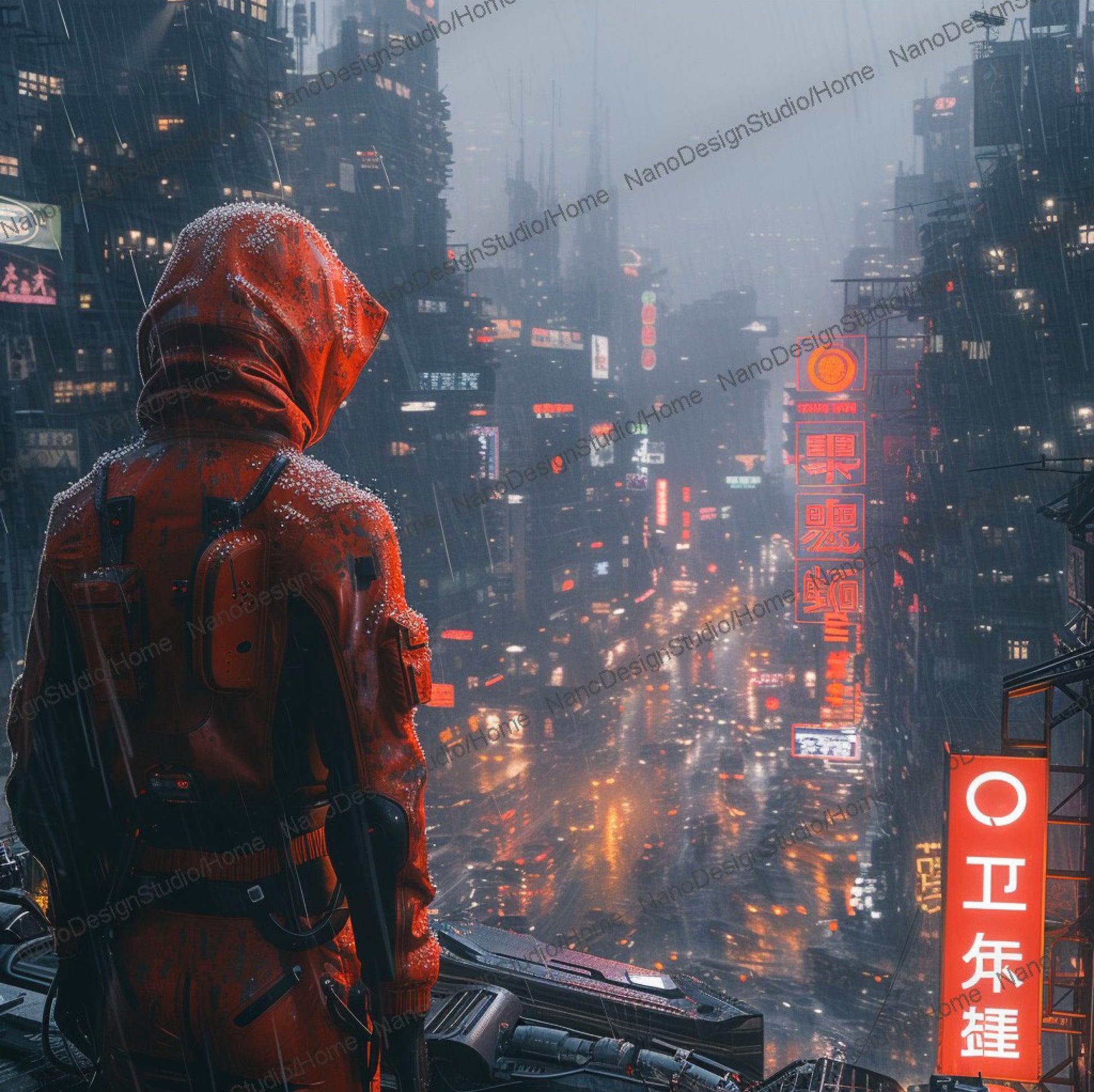 Un personnage au style cyberpunk dans une combinaison d'astronaute rouge avec une capuche et un sac a dos se tient debout en hauteur face un paysage urbain rempli d'immeuble éclairé par des néons lumineux publicitaires.