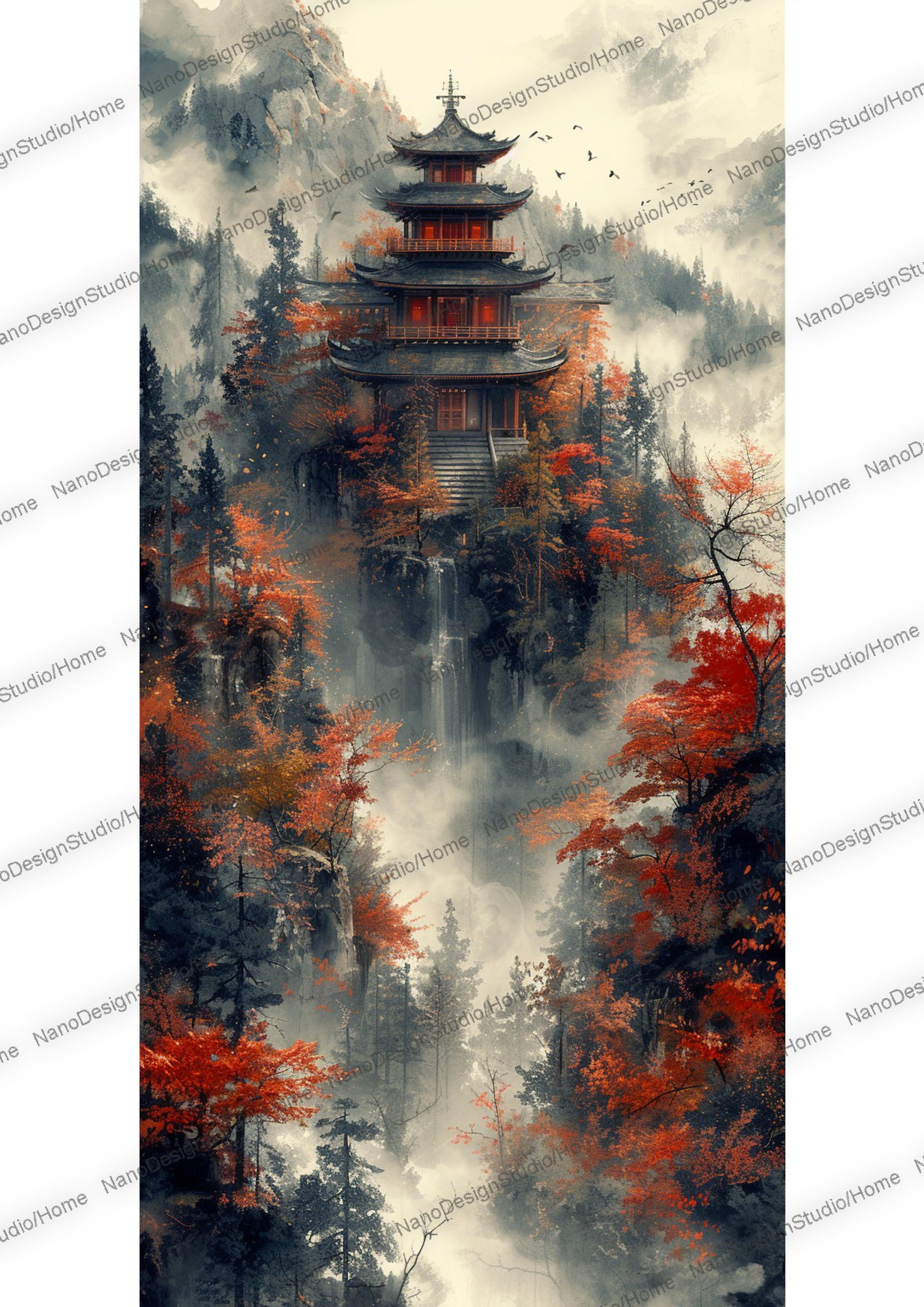 Majestueuse pagode japonaise entourée de nuages, de brume et d'arbres aux feuilles rouges.