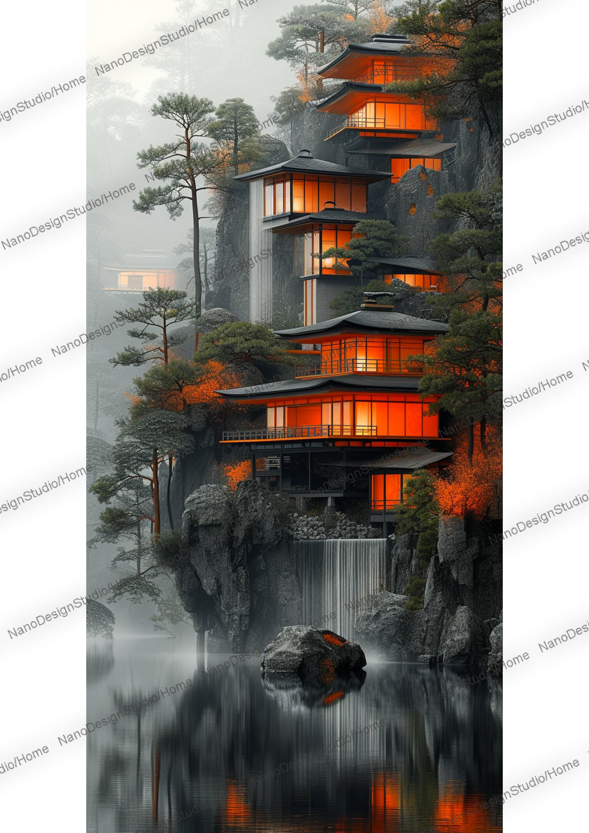 Maison néo moderne aux fenêtres allumées de couleur orange dans une montagne au bord d'un lac dans une ambiance réaliste et mystique.