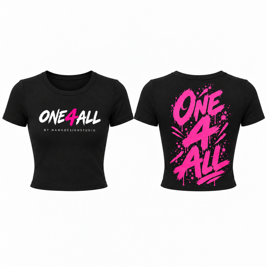 Crop top femme noir ONE4ALL, impression rose fuchsia — Édition Octobre Rose