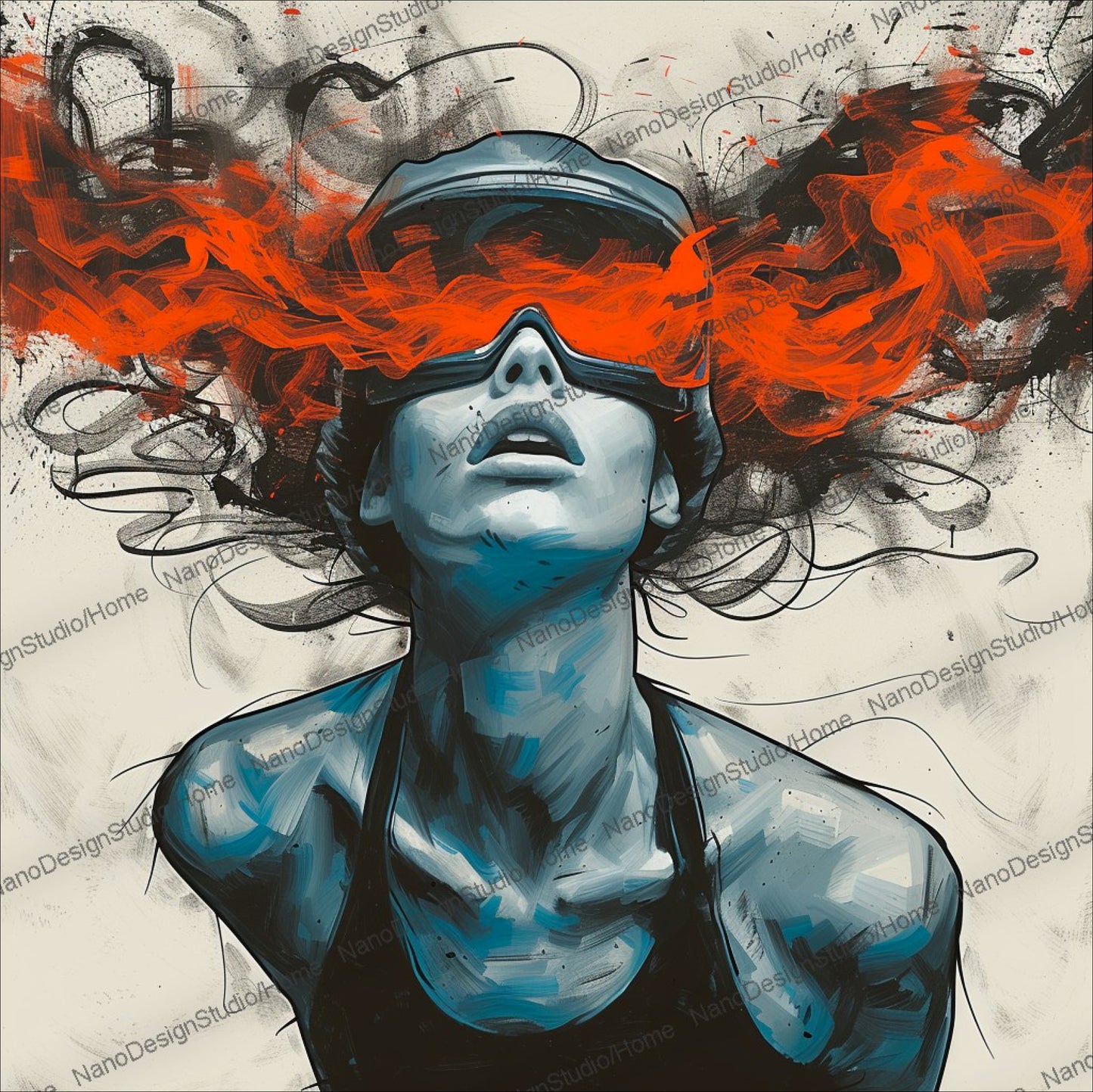 Illustration d'une femme avec des flammes rouges qui jaillissent de ses lunettes de réalité virtuelle, les flammes se confondent avec ses cheveux derriere sa tete.