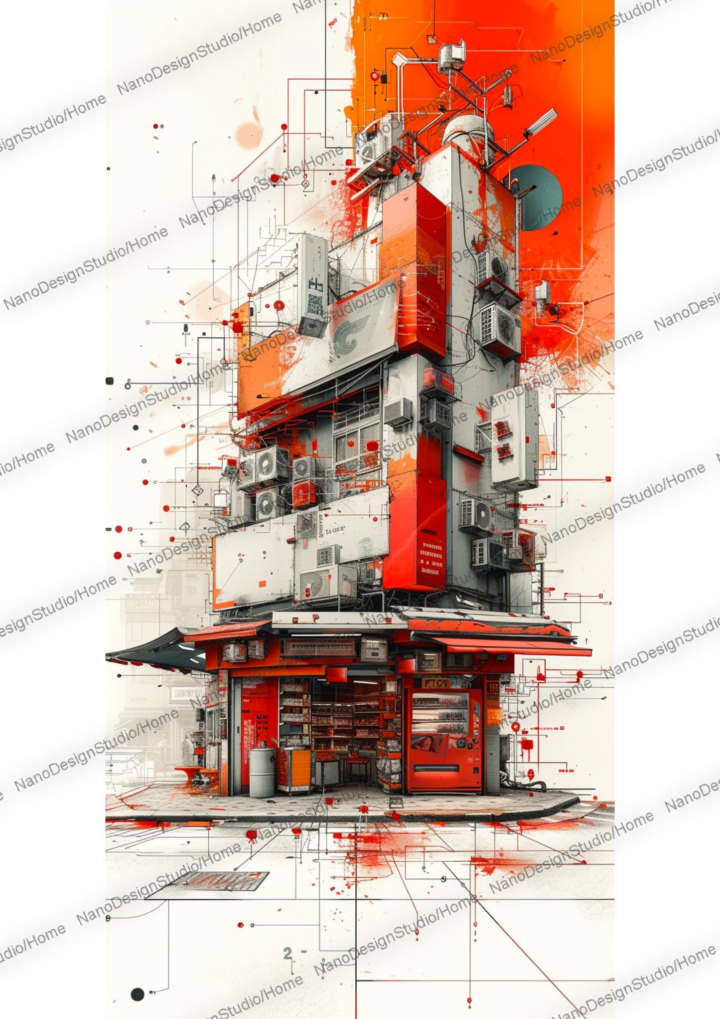 mélange de fragments industriels avec des lignes de construction de type architecturale représentant une épicerie cyberpunk appelé konbini au japon avec pour couleurs dominantes le rouge, orange et noir.