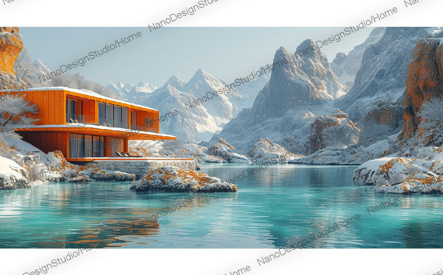 Petite maison moderne orange sur les rives d'un lac émeraude avec en toile de fond des montagnes enneigées.