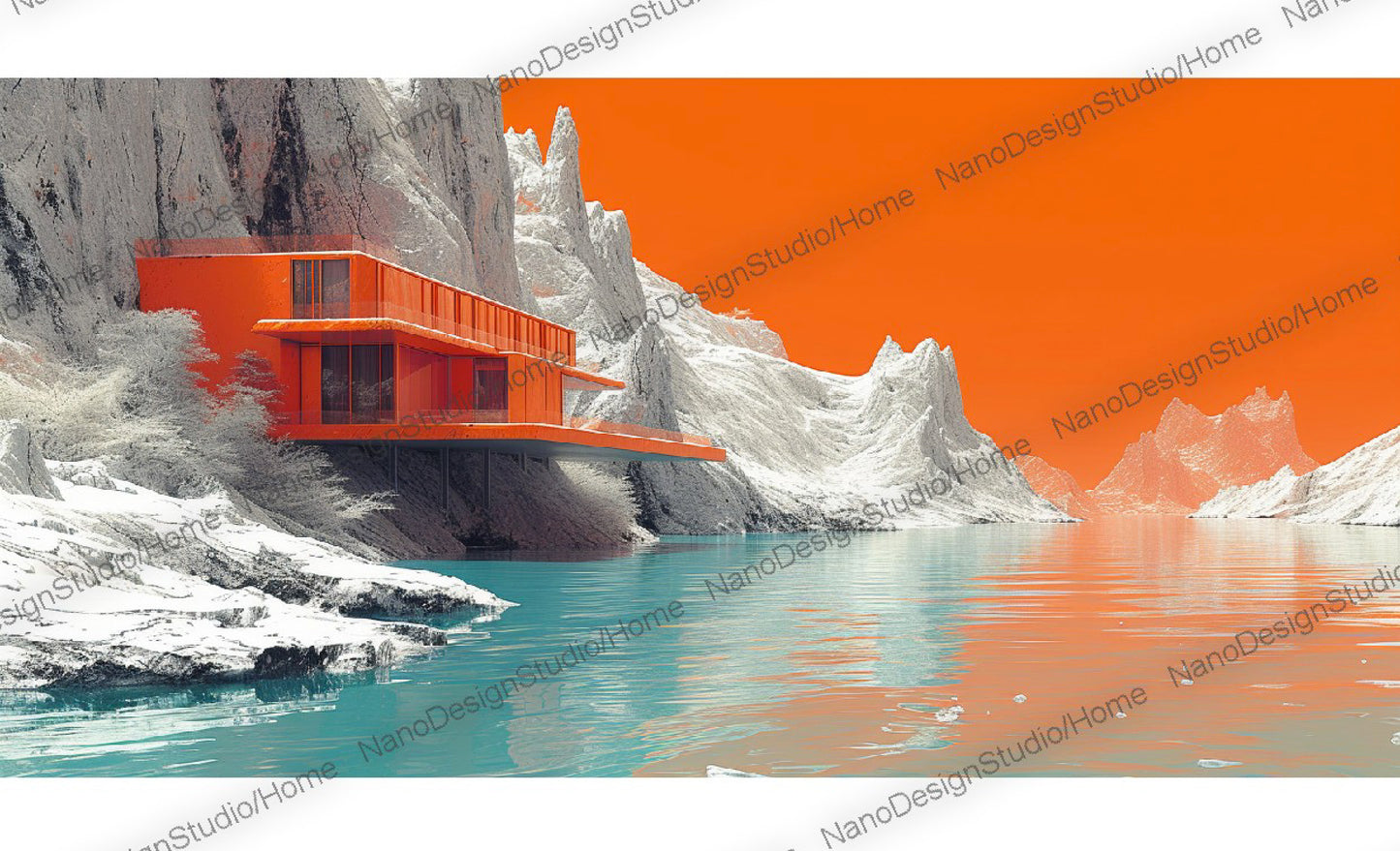 Une maison futuriste orange au bord d'un lac glacé encadré par des falaises imposantes et des rochers blancs.