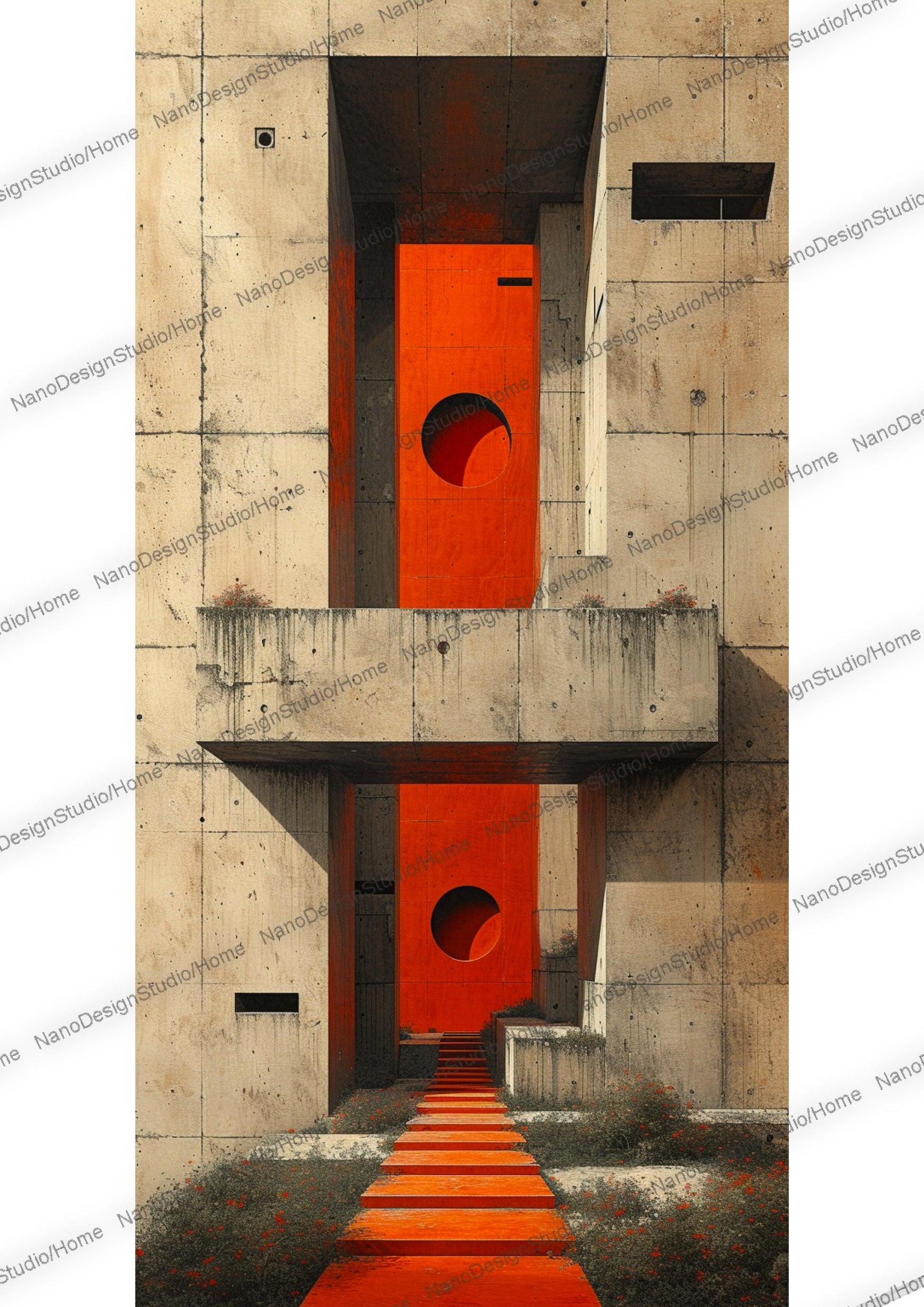 Rendu minimaliste et réaliste d'une façade de bâtiment beige constituée de formes cubiques en béton. Des fenêtres de forme ronde se situent en arrière plan faisant ressortir la façade. Un tapis rouge/orange en forme d'escalier mène droit a l'entrée du bâtiment.