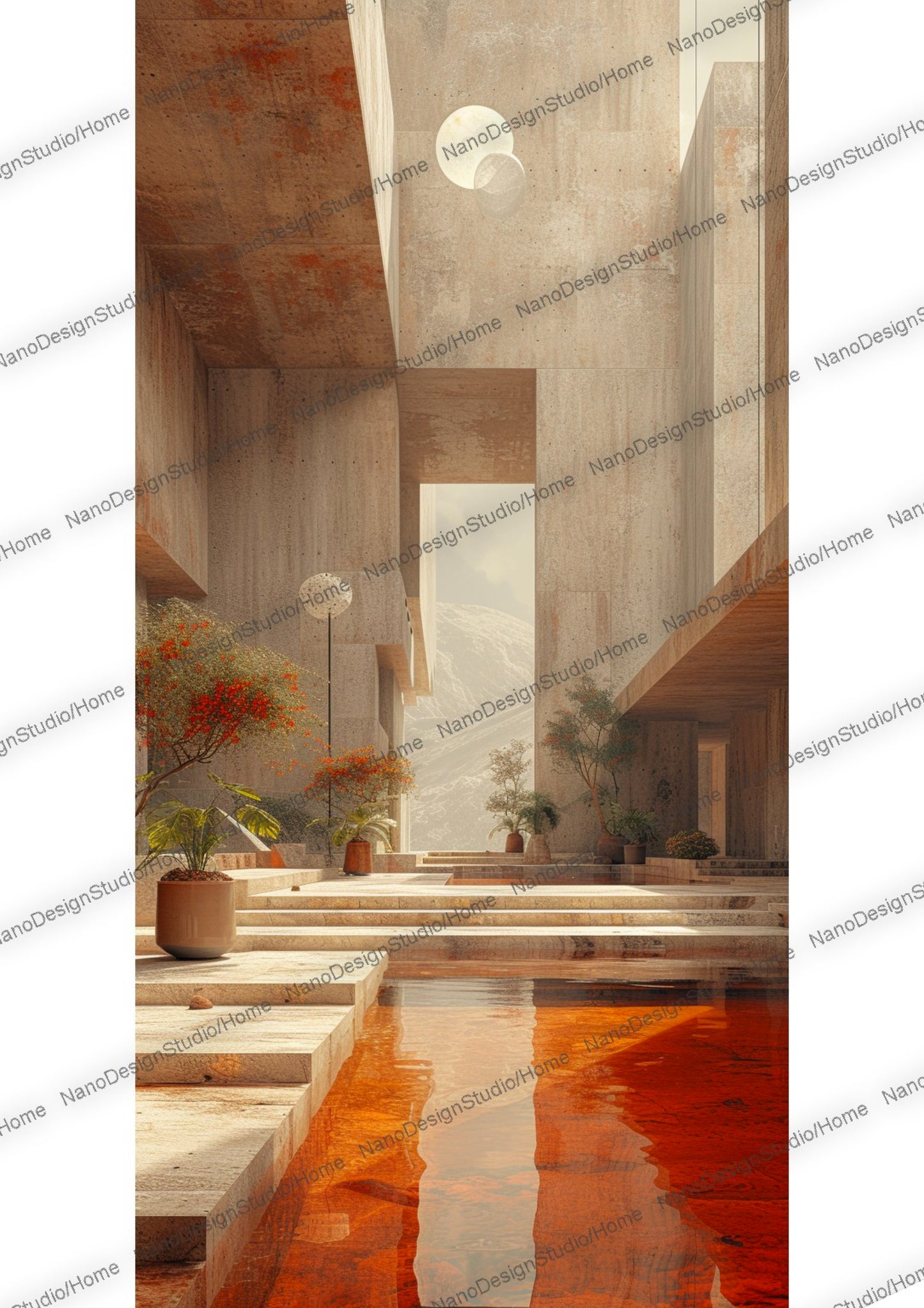 Rendu de type architectural d'un intérieur spatial en béton beige avec une grande fenêtre ronde ainsi qu'une piscine intérieure orange et quelques plantes vertes.