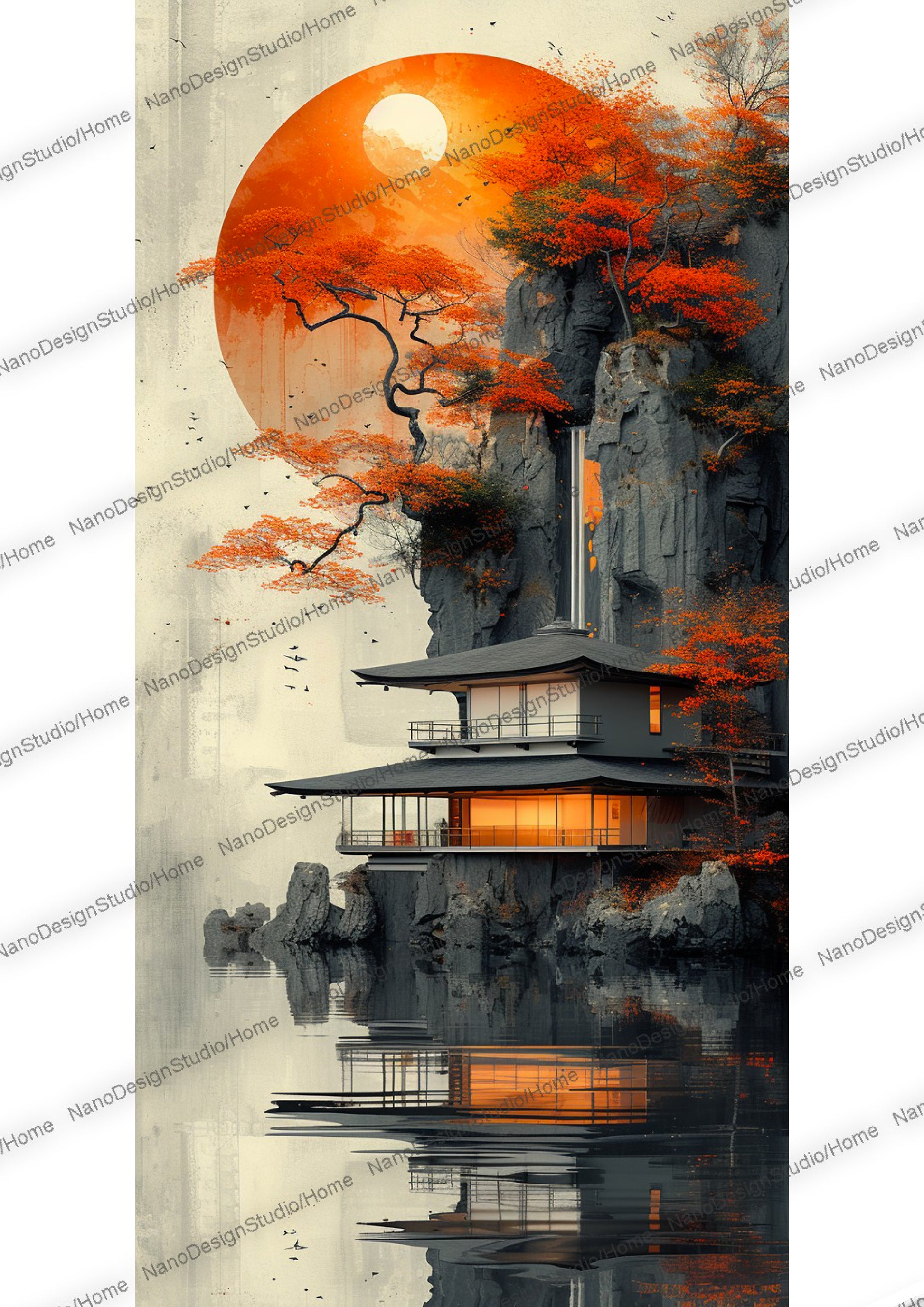 Maison japonaise moderne sur fond d'un soleil orange vibrant et d'une cascade, fusionnant des éléments traditionnels avec un design contemporain. Des feuillages détaillés ajoutent de la richesse à la composition avec une palette de couleurs rouge foncé et noir évoquant un sentiment de mystère et d'intrigue. 