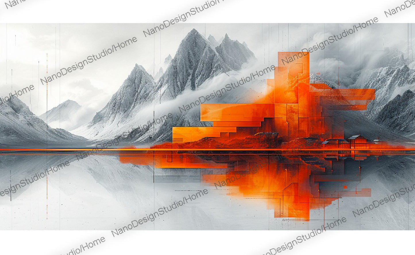 Paysage montagneux abstrait présentant des bâtiments orange et gris saisissants évoquant l'art numérique futuriste.