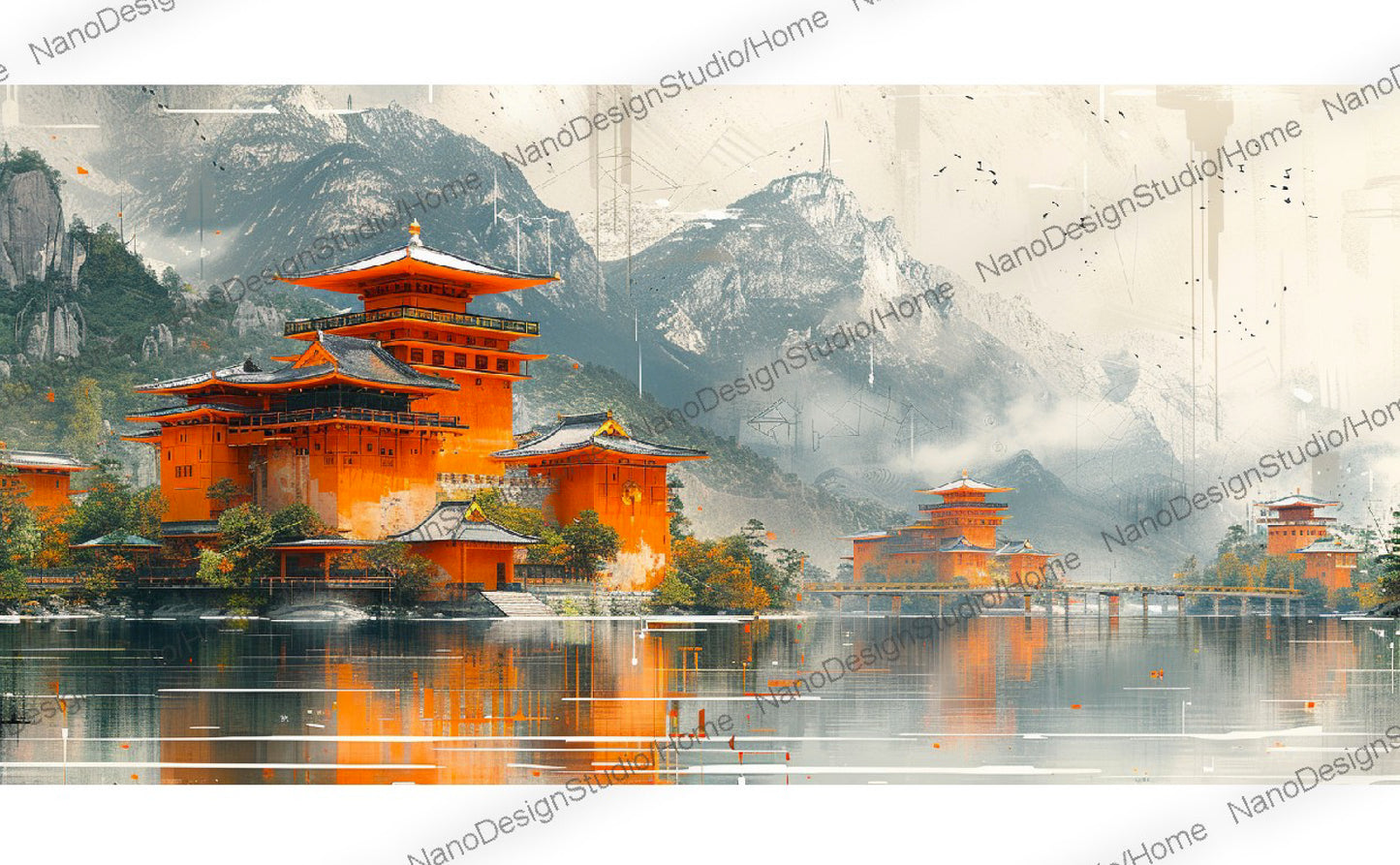 Ensemble de bâtiments à l'architecture chinoise situés sur des eaux tranquilles ornées de bâtiments orange vif avec en arrière plan de majestueuses montagnes.