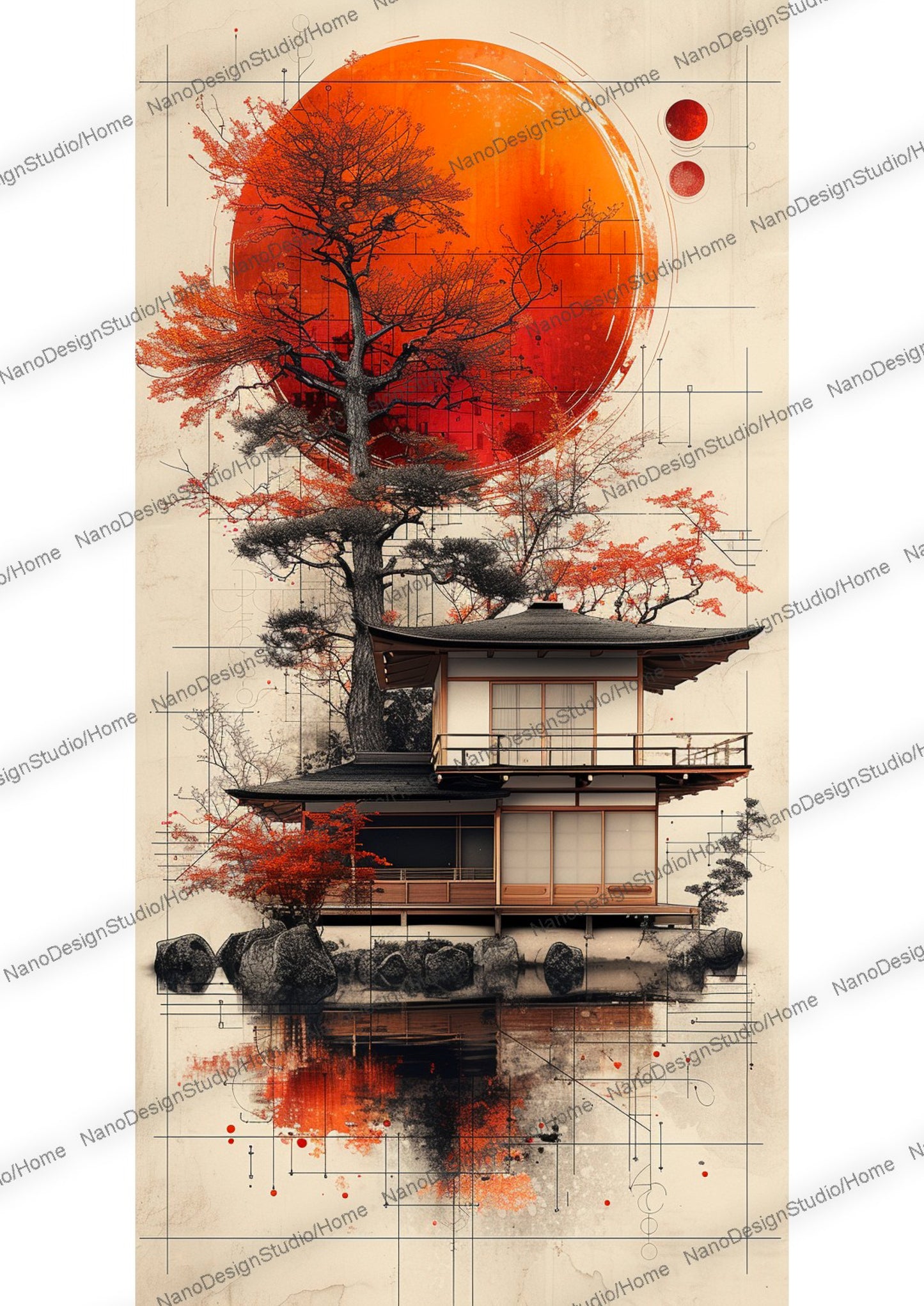 Maison japonaise sur un lac enveloppée d'une ambiance éthérée avec en fond une lune rouge et des arbres aux feuilles oranges/rouges vibrants.