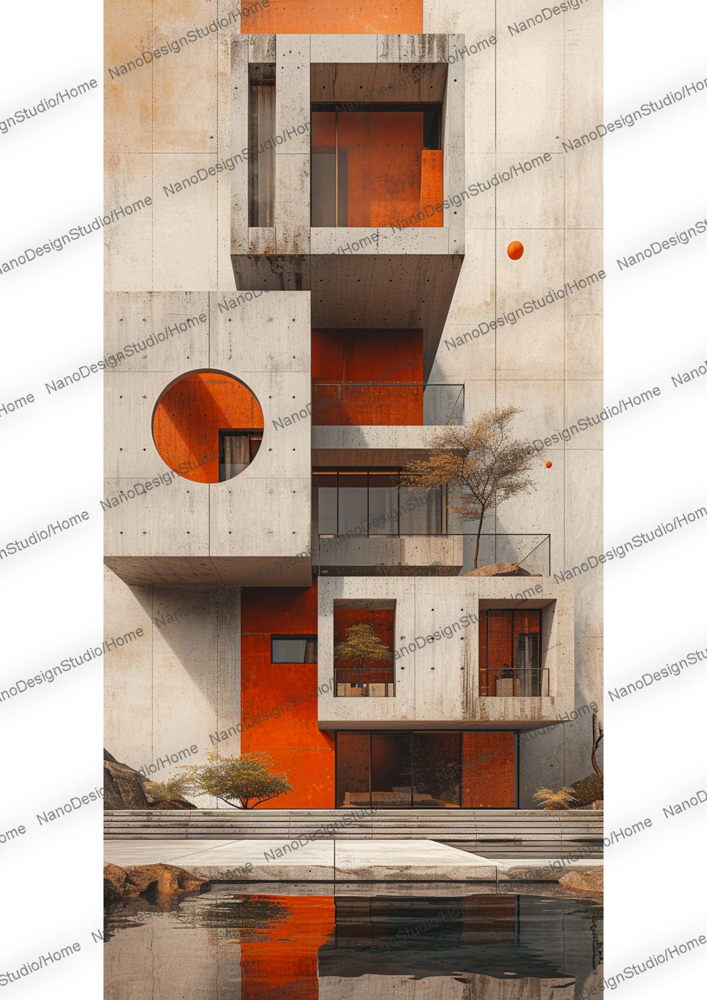 Architecture néo moderne en béton beige avec des murs intérieurs orange. Le bâtiment au dessus d'une surface d'eau est composé de fenêtres rondes et rectangulaires.