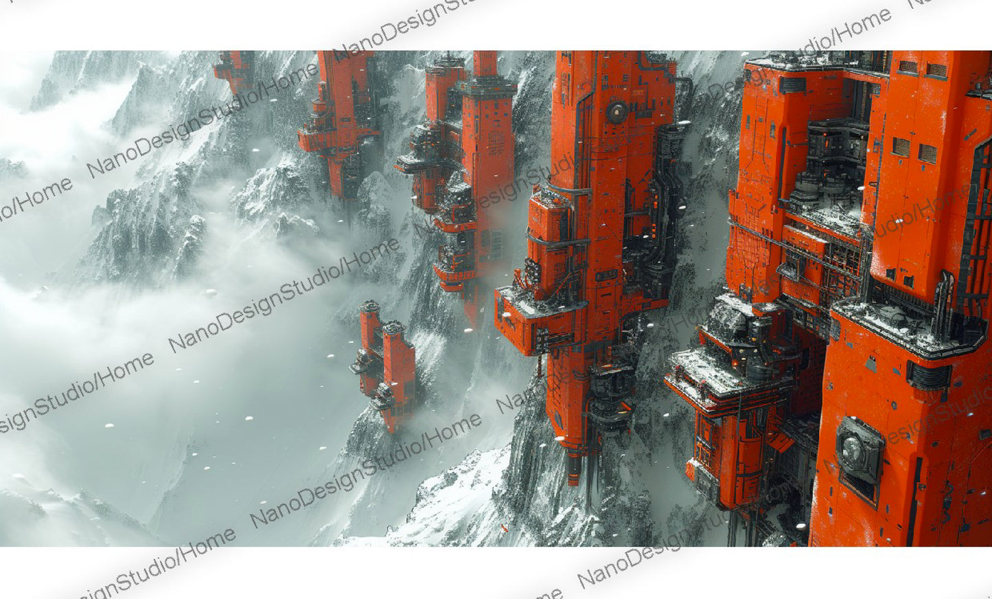 Bâtiments oranges encastrés dans des montagnes de neige rappelant un laboratoire chimique des films de l'univers de James bond dans une ambiance futuriste dystopique.