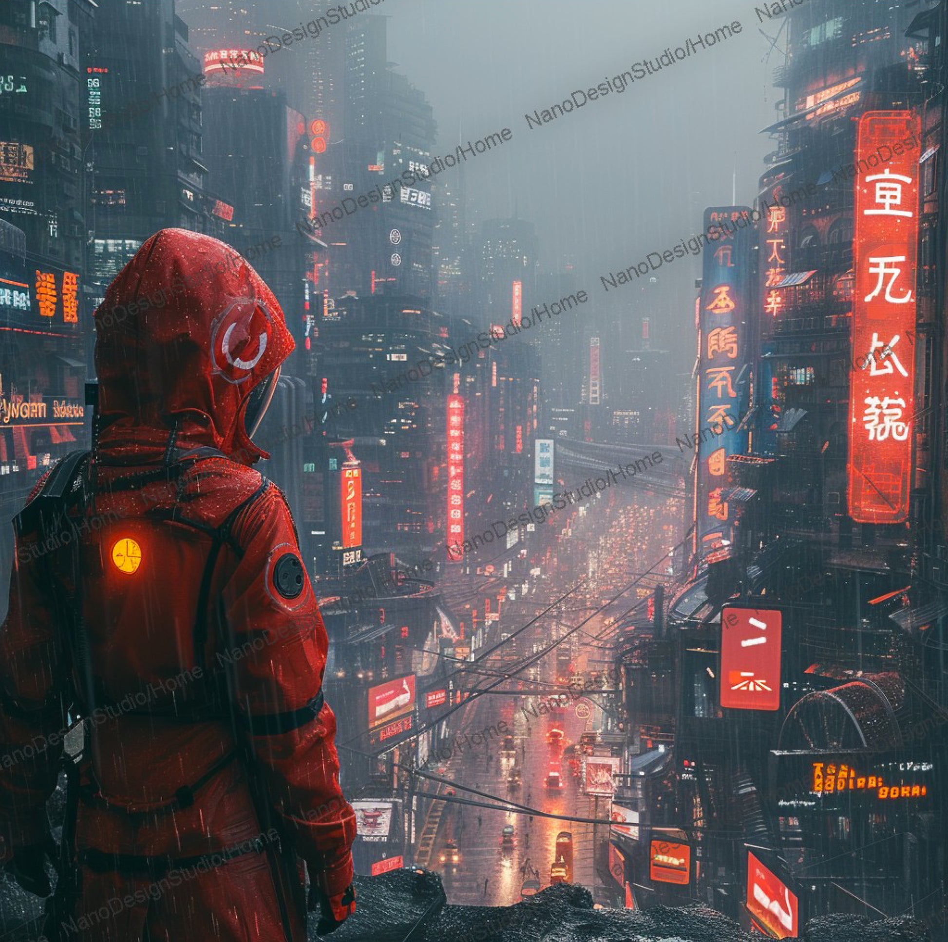 Un personnage au style cyberpunk dans une combinaison d'astronaute rouge avec une capuche et un sac a dos se tient debout en hauteur face un paysage urbain rempli d'immeuble éclairé par des néons lumineux publicitaires.