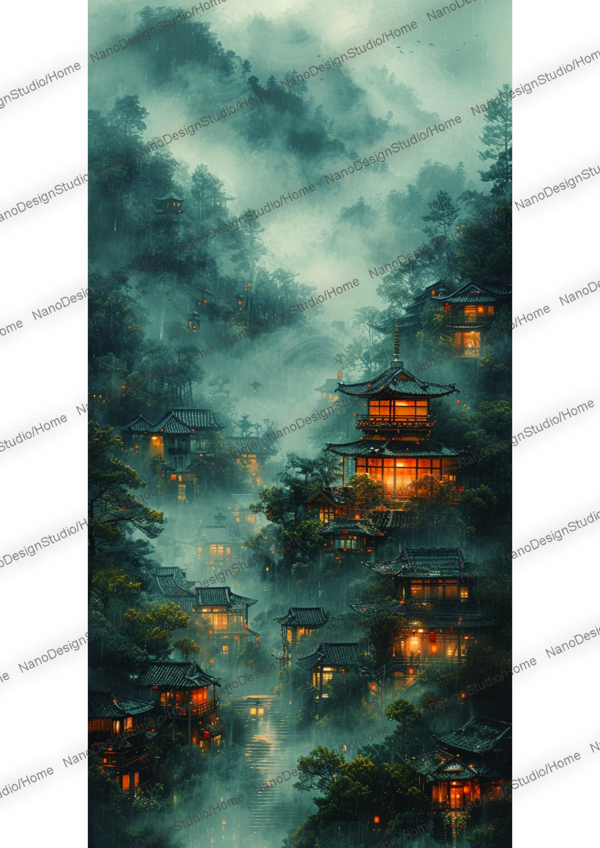 Village de style chinois au pied des montagnes enveloppé de brume et sous la pluie. Les maisons en bois sont éclairées de lumière orange donnant un coté chaleureux à la scène. On peut distinguer au fond de l'image en arrière plan une pagode au milieu de la végétation. 