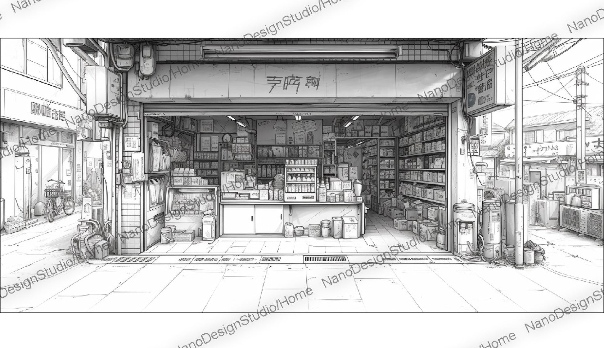 Concept art d'une épicerie japonaise en noir et blanc avec beaucoup d'articles sur les étagères et le comptoir dans un style cyberpunk.