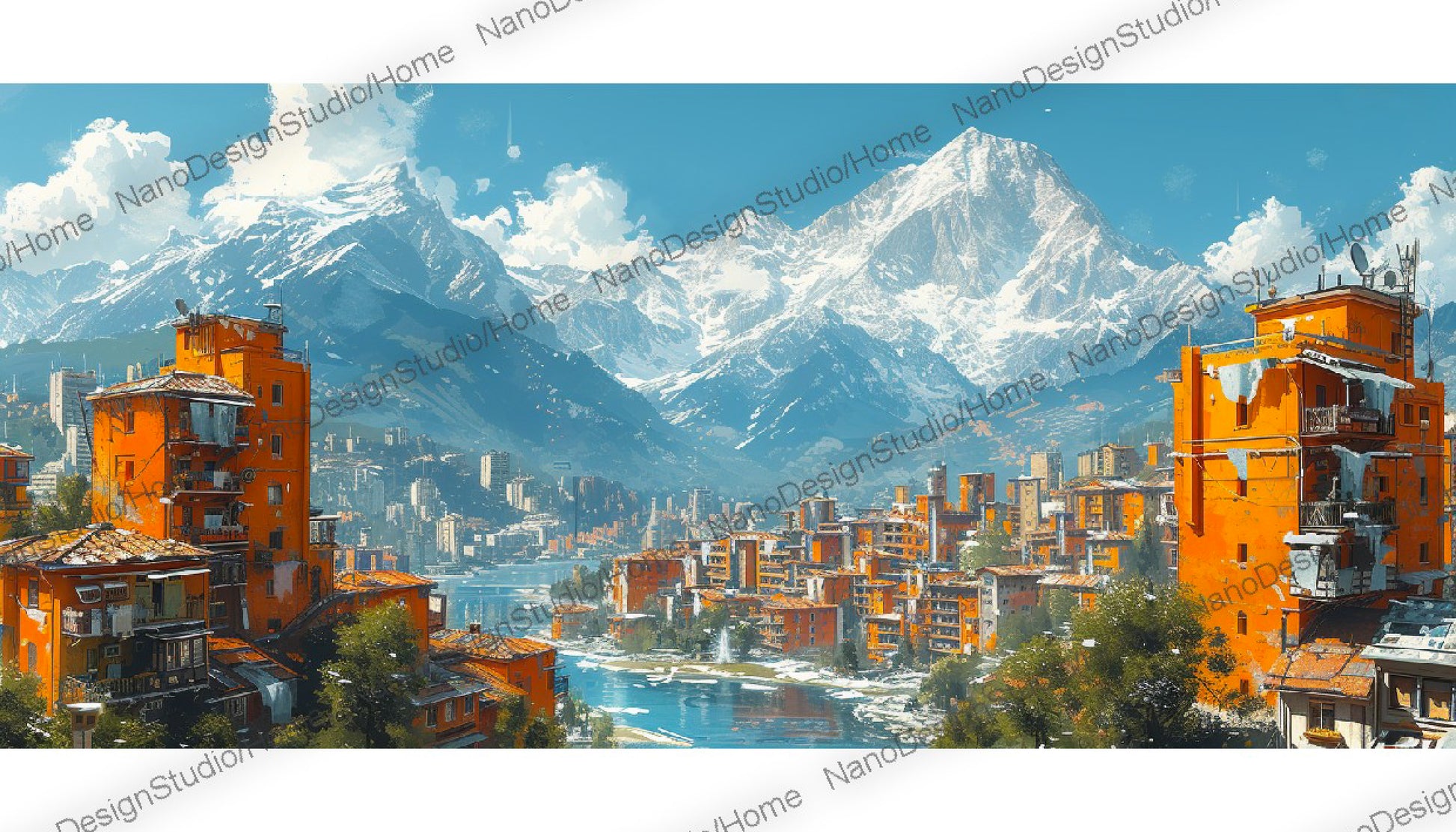 Nichée au coeur des montagnes imposantes, une petite ville émerge avec ses bâtiments oranges vif créant un contraste saisissant avec le paysage naturel.