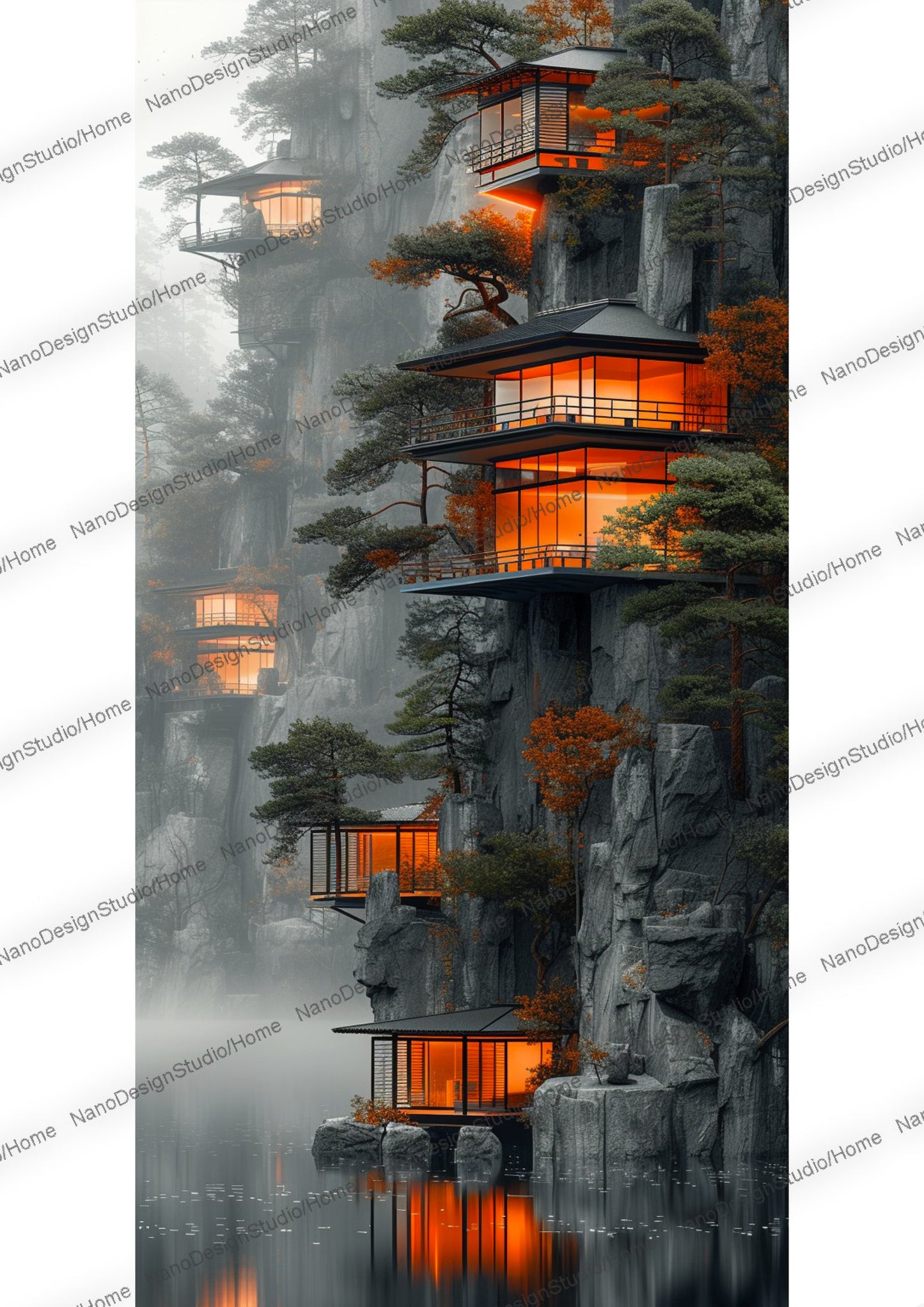 Maison néo moderne aux fenêtres allumées de couleur orange dans une montagne au bord d'un lac dans une ambiance réaliste et mystique.