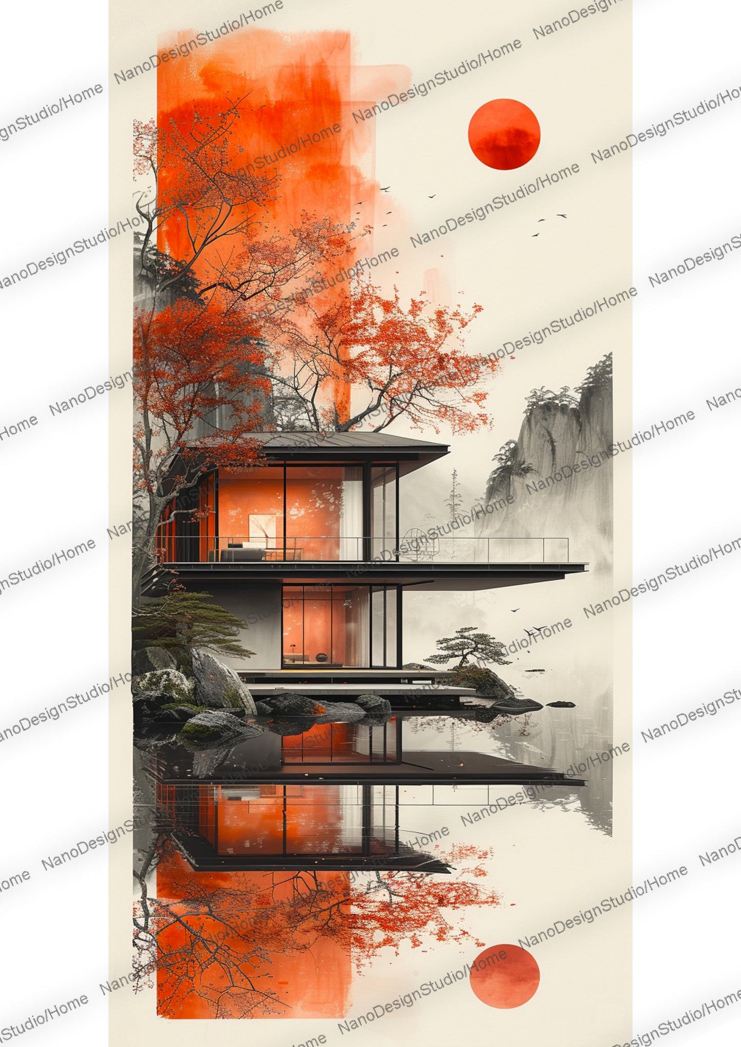 Maison de style japonaise et/ou d'un arbre paisiblement entouré d'eau, le beige et le orange domine la scène.