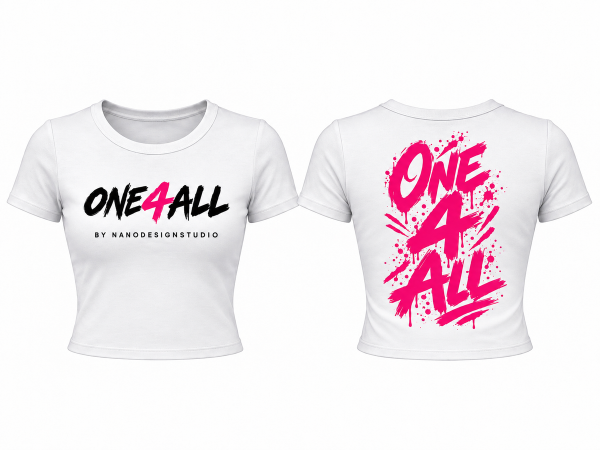 Crop top femme blanc ONE4ALL, impression rose fuchsia — Édition Octobre Rose