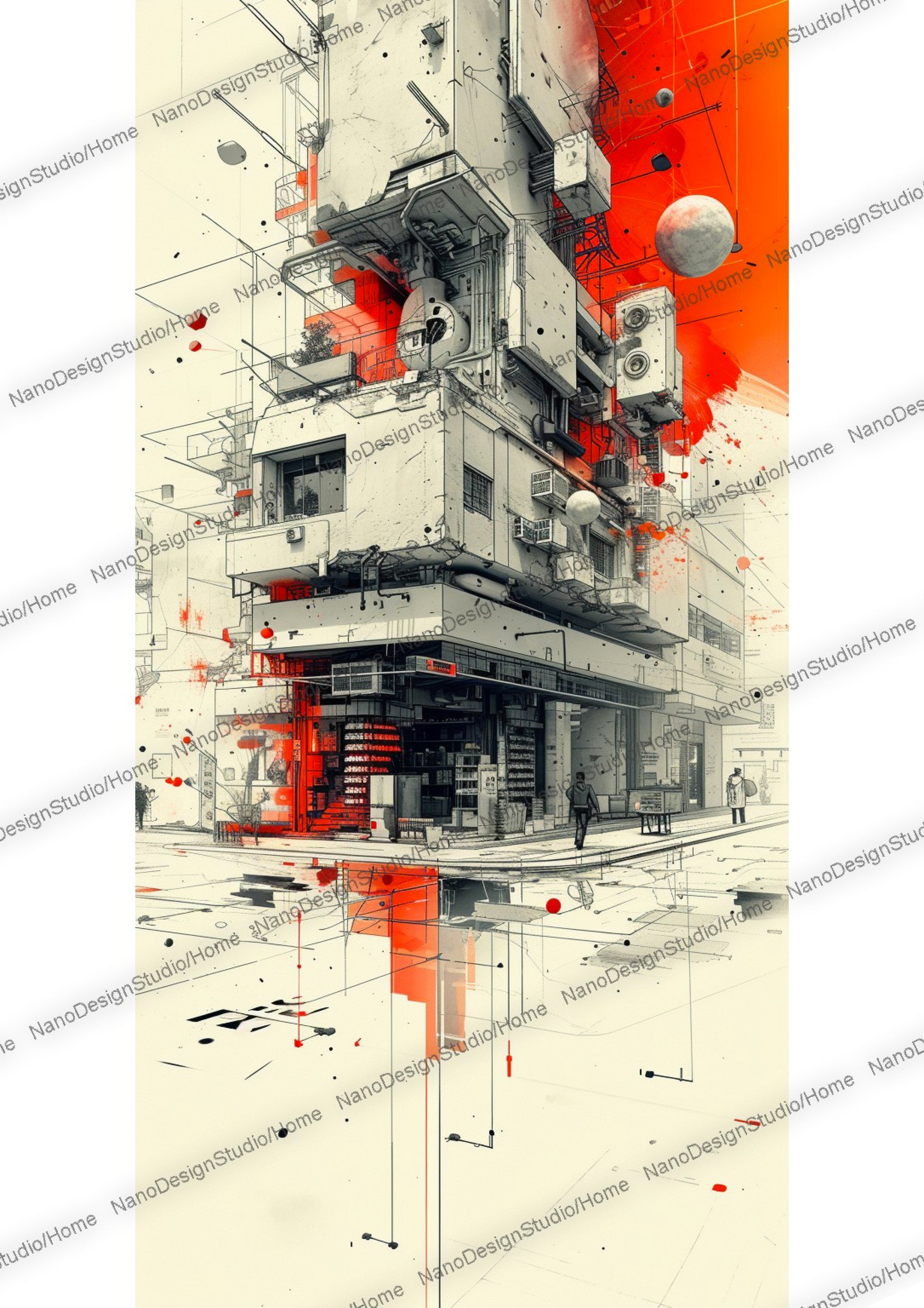 mélange de fragments industriels avec des lignes de construction de type architecturale représentant une épicerie cyberpunk appelé konbini au japon avec pour couleurs dominantes le rouge, orange et noir.