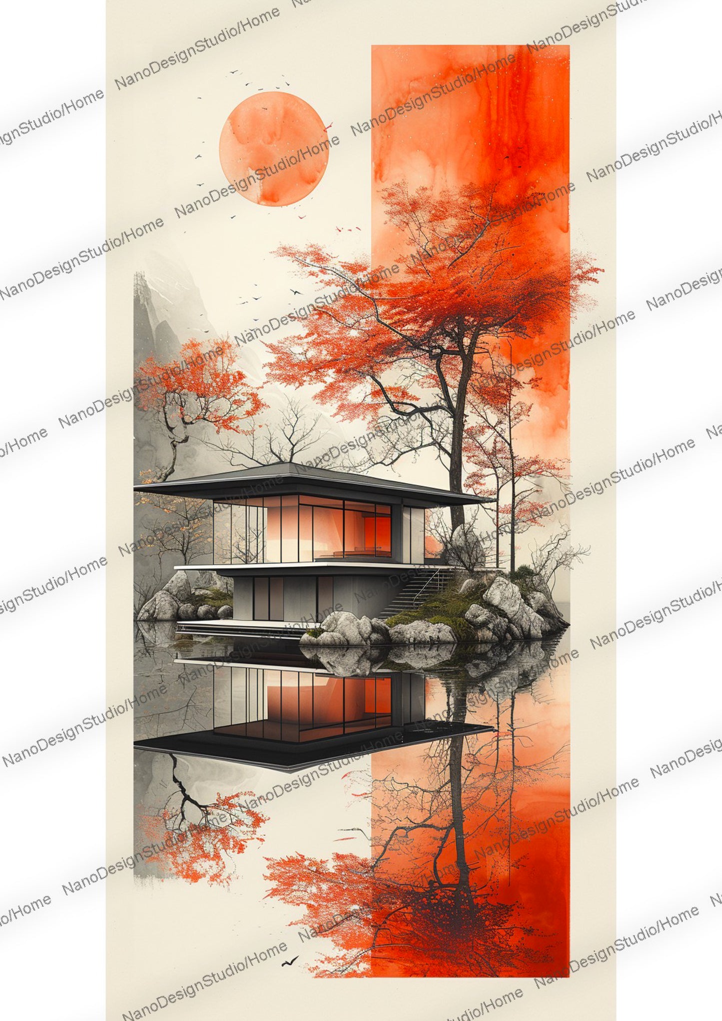 Maison de style japonaise et/ou d'un arbre paisiblement entouré d'eau, le beige et le orange domine la scène.