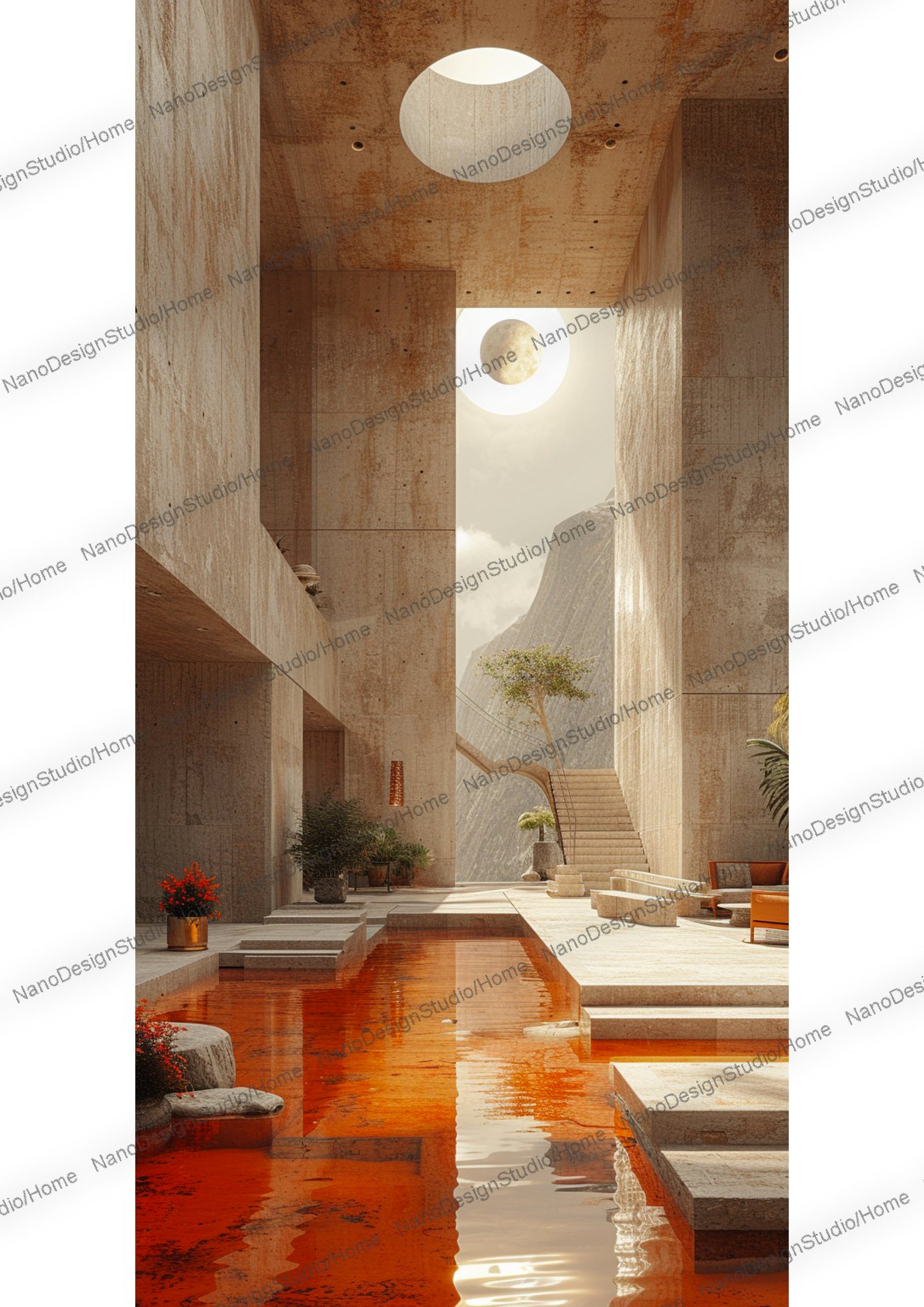 Rendu de type architectural d'un intérieur spatial en béton beige avec une grande fenêtre ronde ainsi qu'une piscine intérieure orange et quelques plantes vertes.