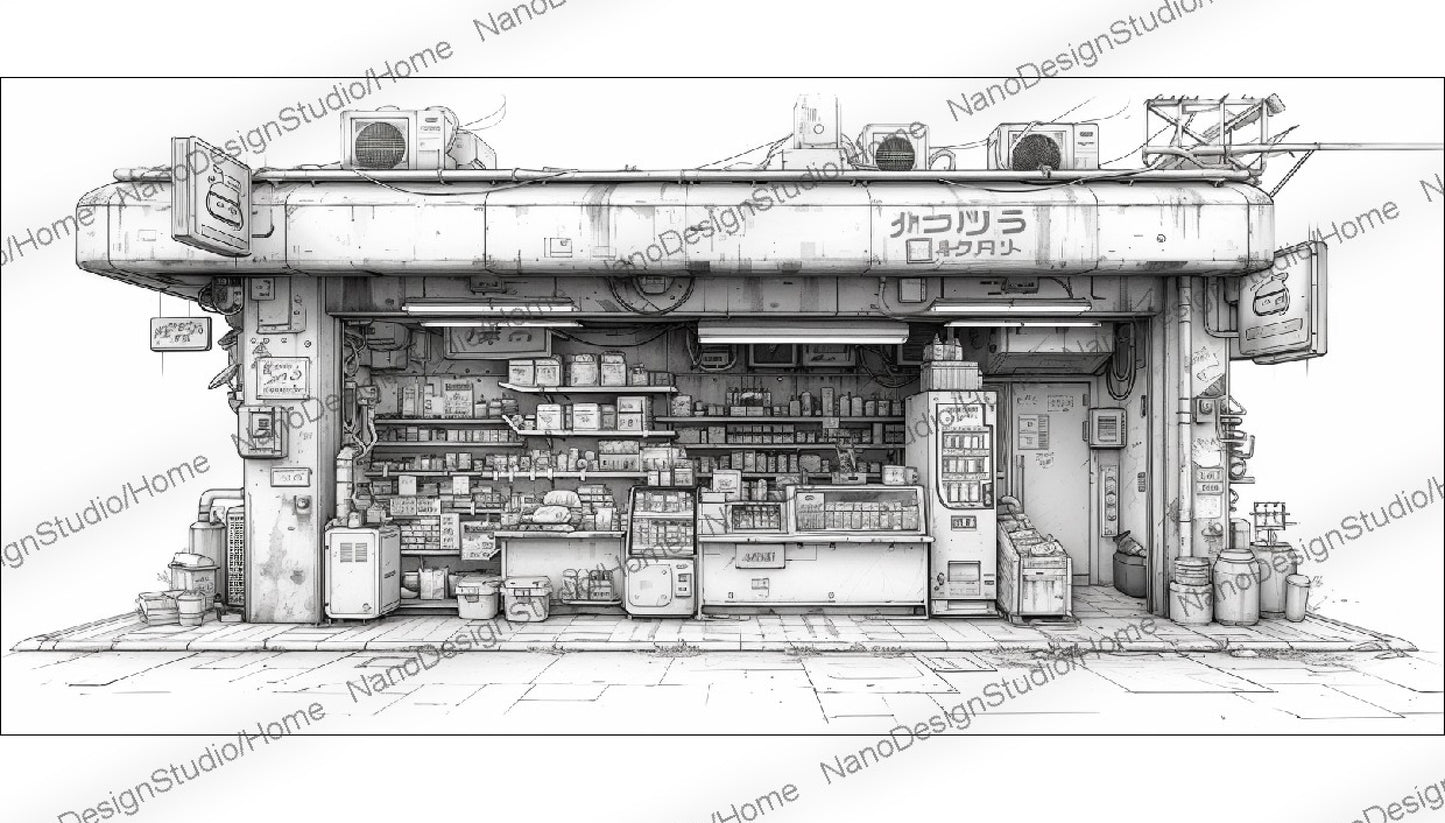 Concept art d'une épicerie japonaise en noir et blanc avec beaucoup d'articles sur les étagères et le comptoir dans un style cyberpunk.