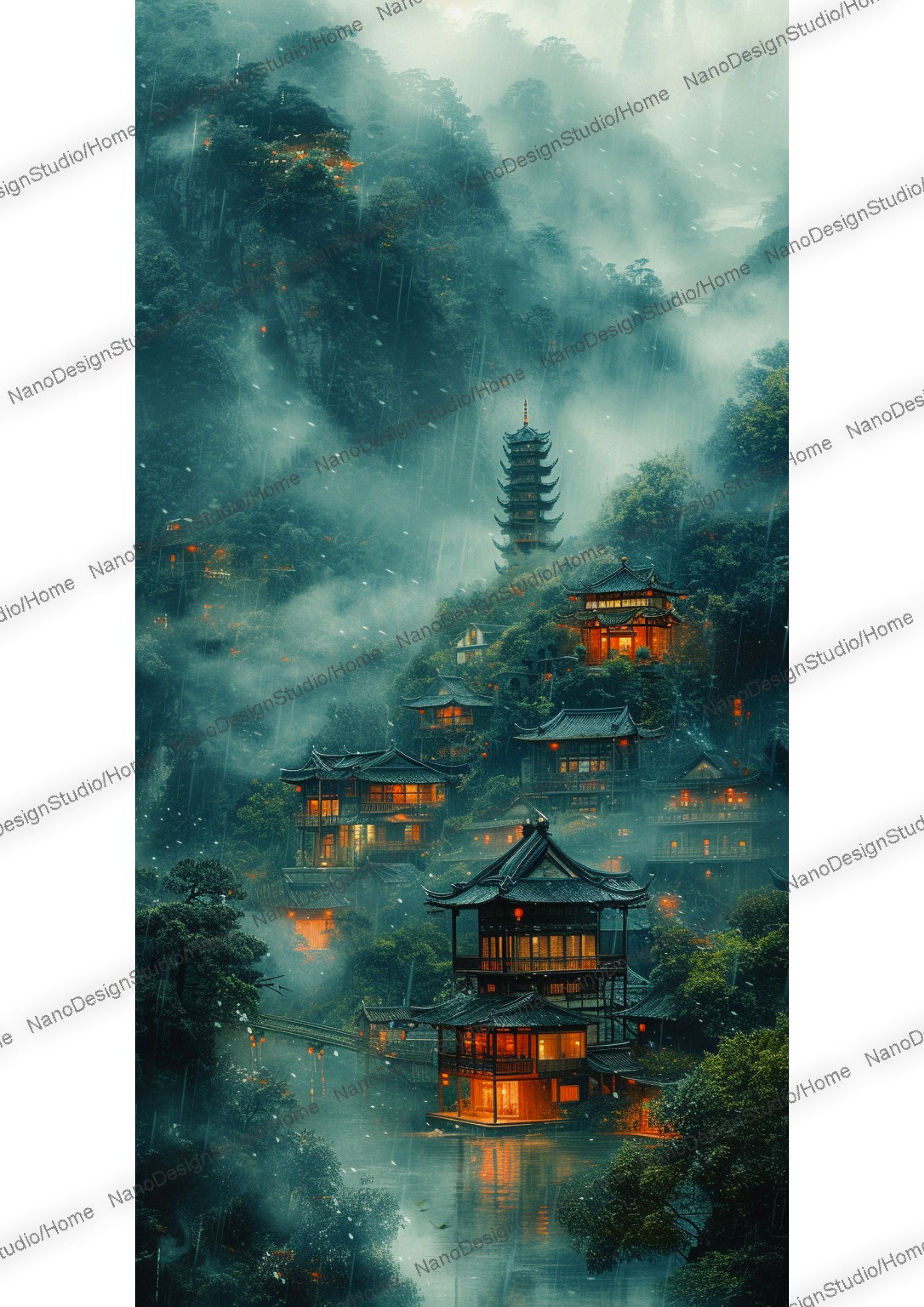 Village de style chinois au pied des montagnes enveloppé de brume et sous la pluie. Les maisons en bois sont éclairées de lumière orange donnant un coté chaleureux à la scène. On peut distinguer au fond de l'image en arrière plan une pagode au milieu de la végétation. 