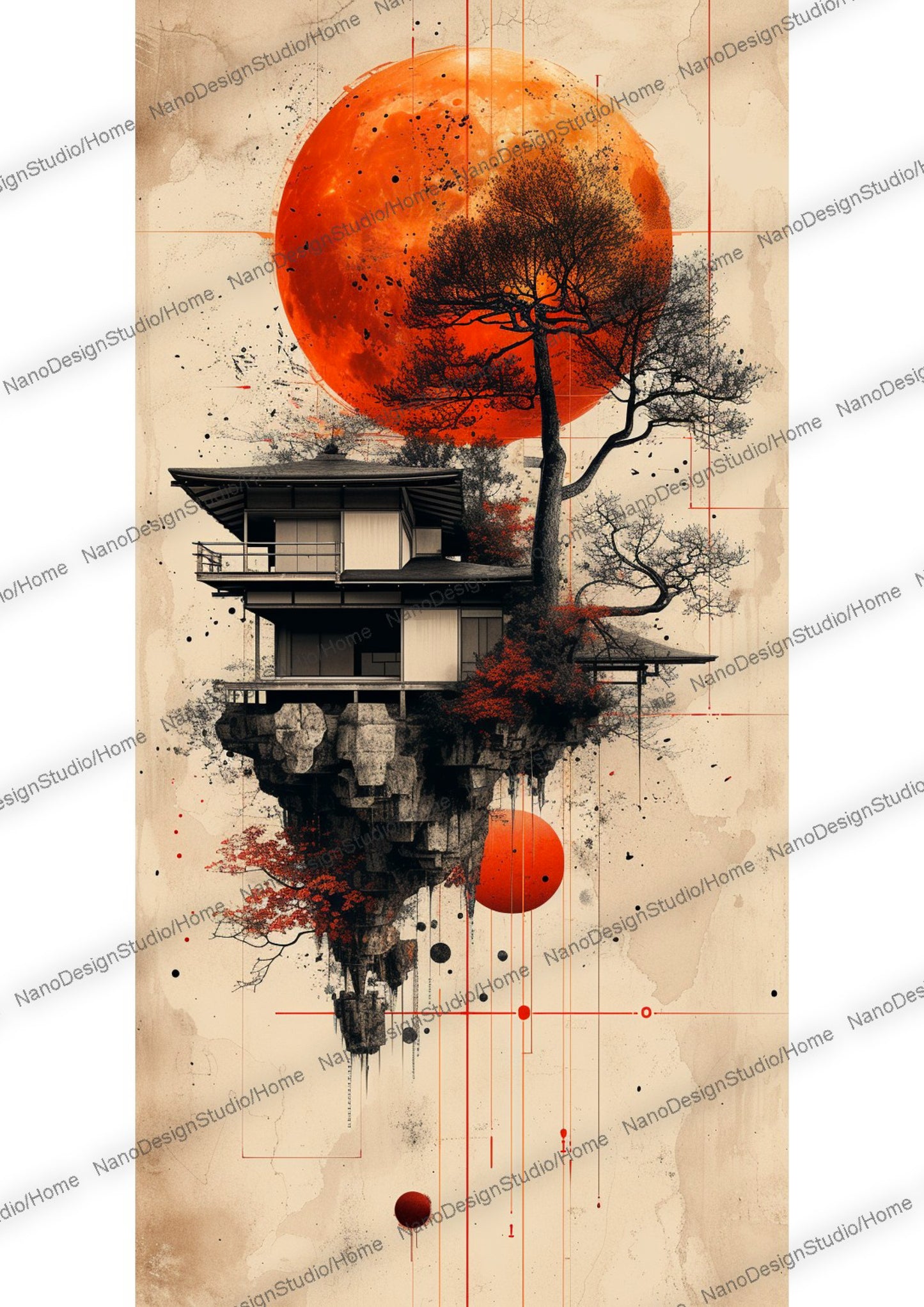 Maison japonaise sur un lac enveloppée d'une ambiance éthérée avec en fond une lune rouge et des arbres aux feuilles oranges/rouges vibrants.