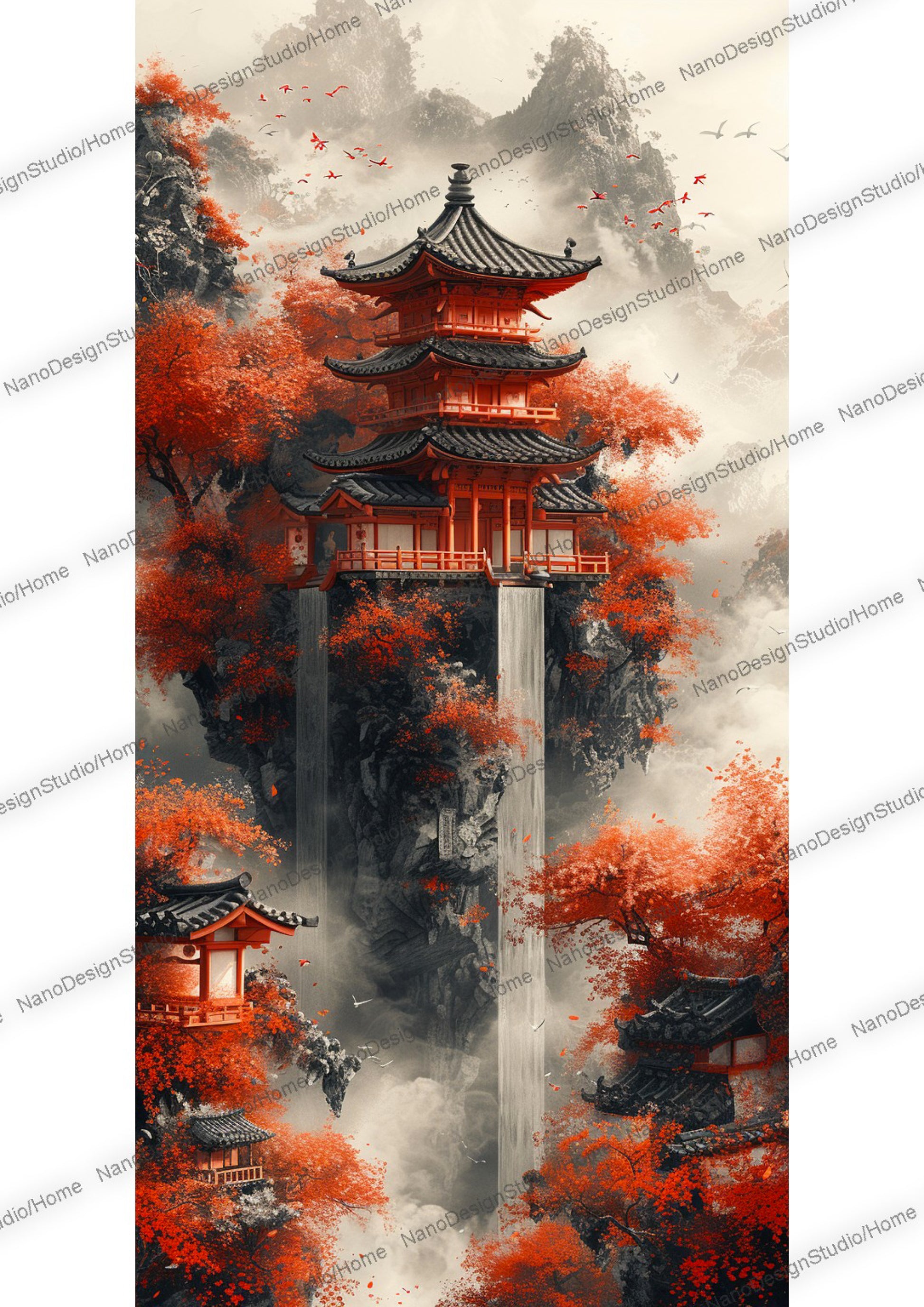 Majestueuse pagode japonaise entourée de nuages, de brume et d'arbres aux feuilles rouges.