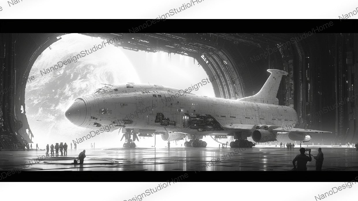 Concept art d'un avion spatial en préparation dans un hangar avec quelques personnes autour et une grande planète en arrière plan.