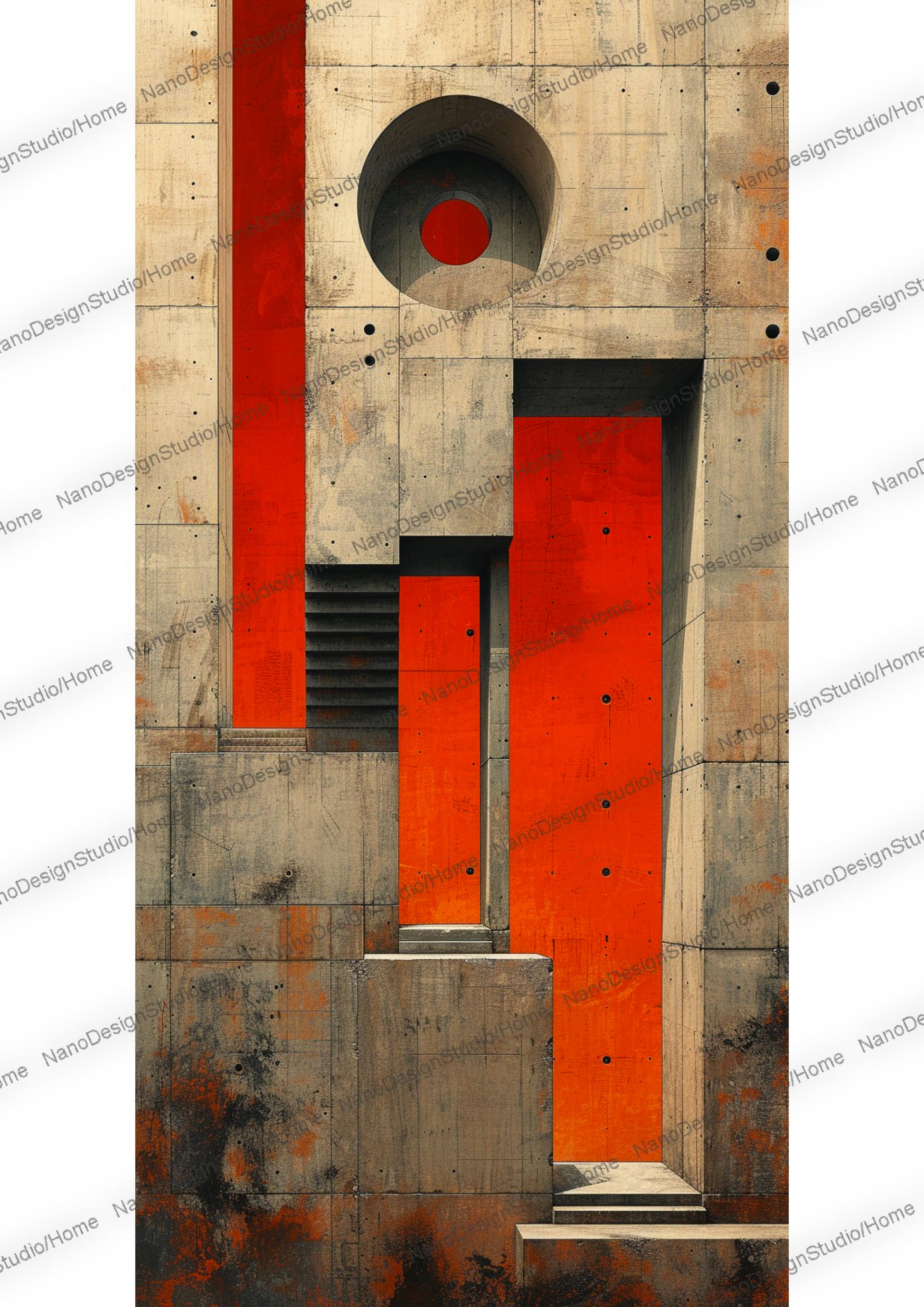 Rendu minimaliste et réaliste d'une façade de bâtiment beige constituée de formes cubiques en béton. Des fenêtres de forme ronde se situent en arrière plan faisant ressortir la façade. Un tapis rouge/orange en forme d'escalier mène droit a l'entrée du bâtiment.