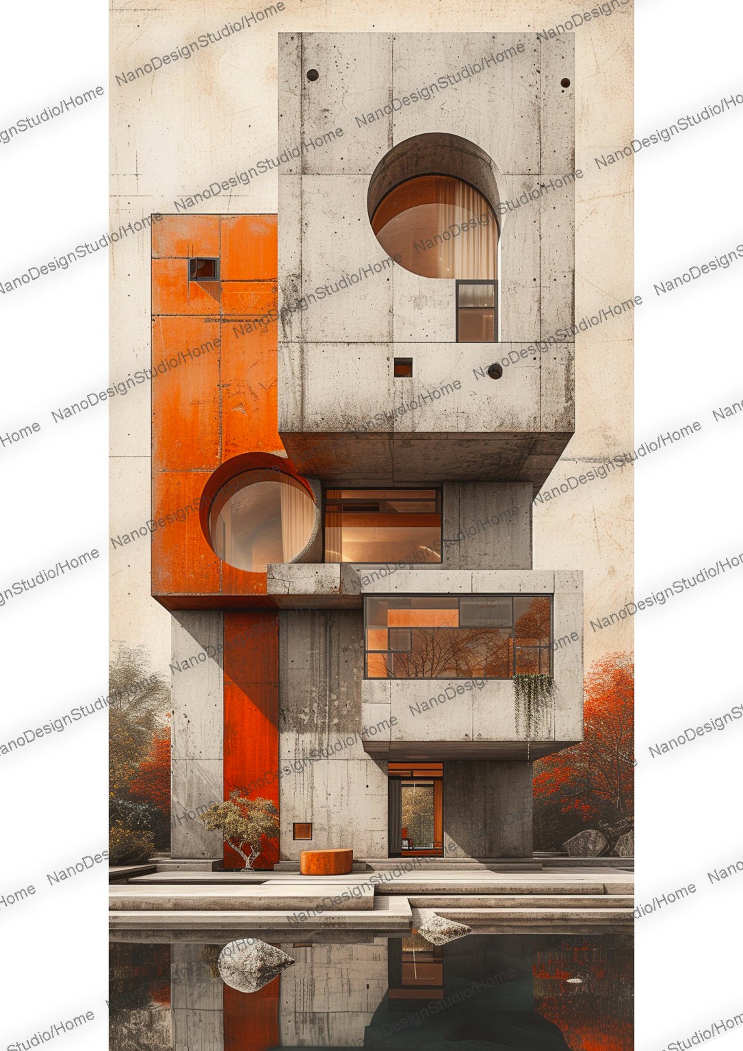 Architecture néo moderne en béton beige avec des murs intérieurs orange. Le bâtiment au dessus d'une surface d'eau est composé de fenêtres rondes et rectangulaires.