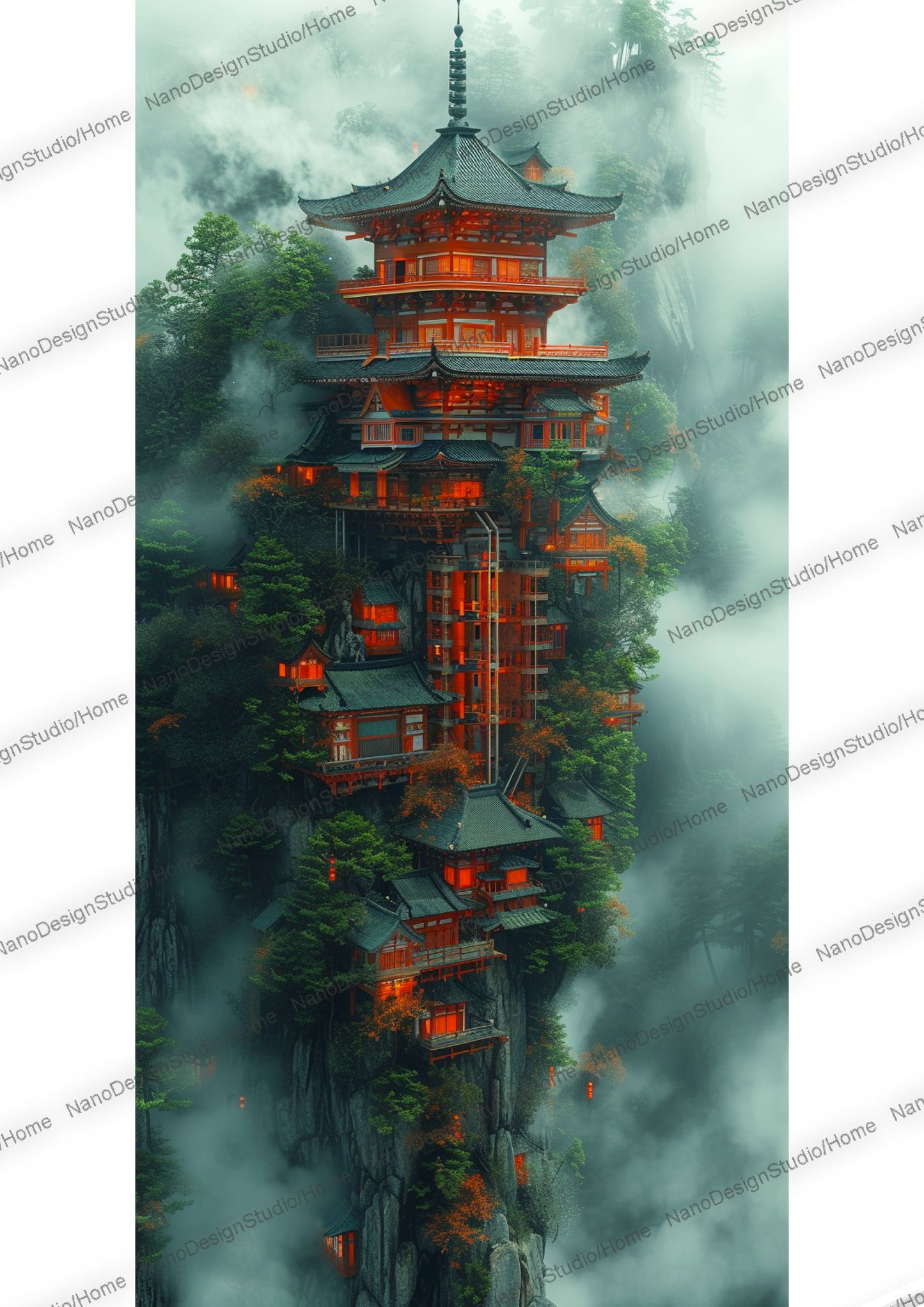 Un bâtiment de style japonais se tenant au bord d'une falaise dans une forêt entourée de nuages brumeux. Les bâtiments ont des lumières rouges créant une atmosphère mystérieuse.