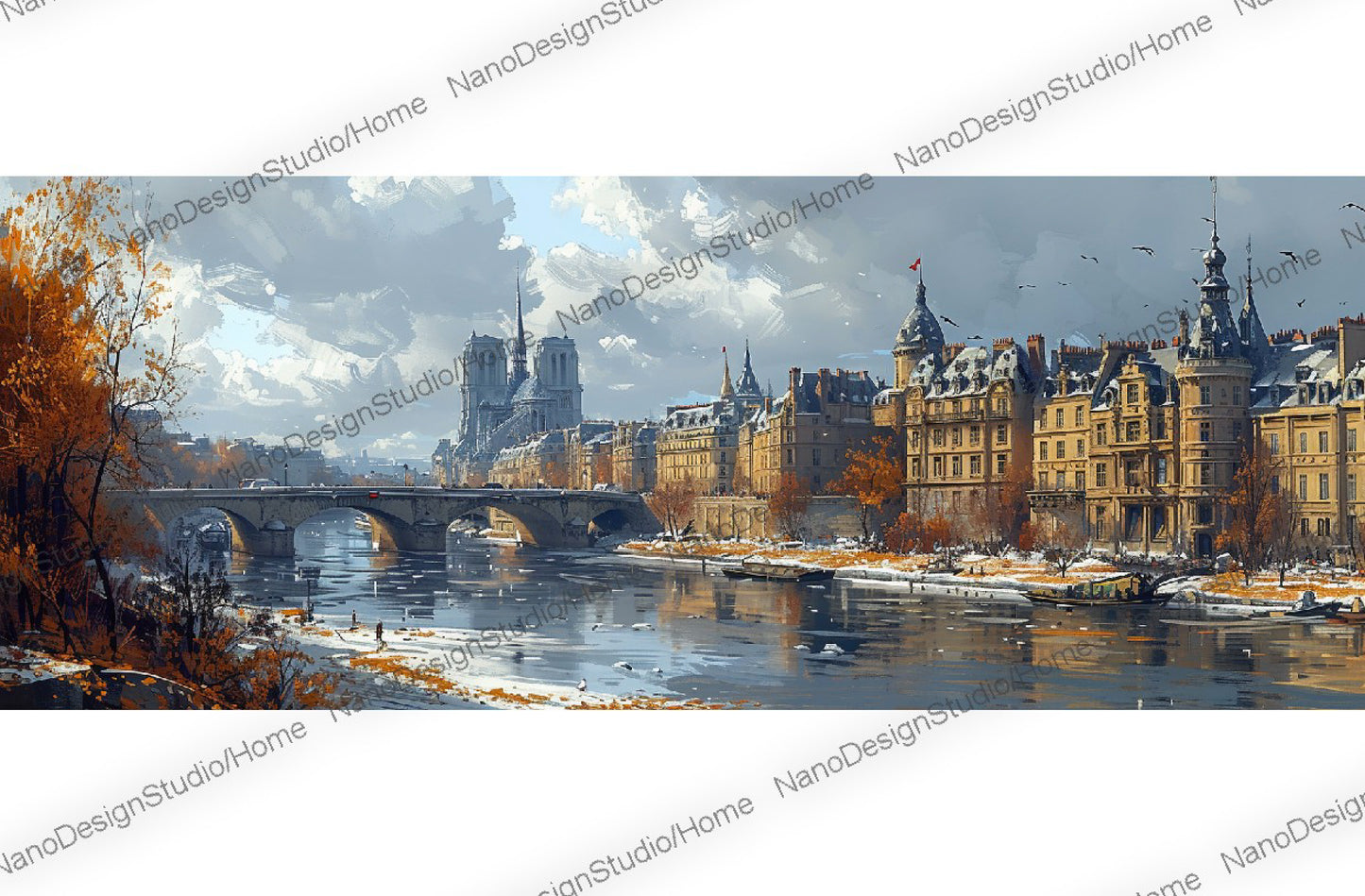 Paris vu de la Seine avec des bâtiments médiévaux en automne