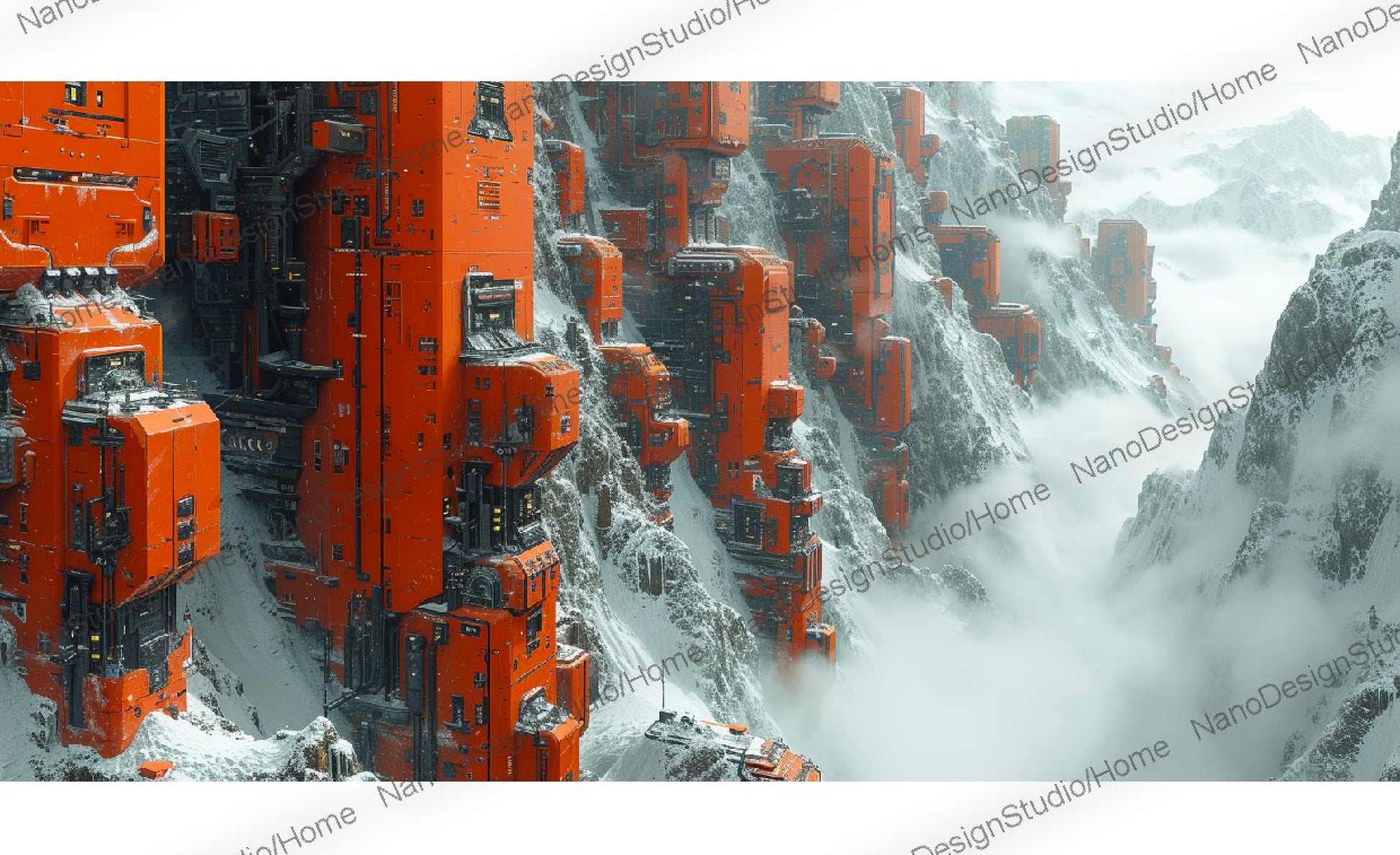 Bâtiments oranges encastrés dans des montagnes de neige rappelant un laboratoire chimique des films de l'univers de James bond dans une ambiance futuriste dystopique.